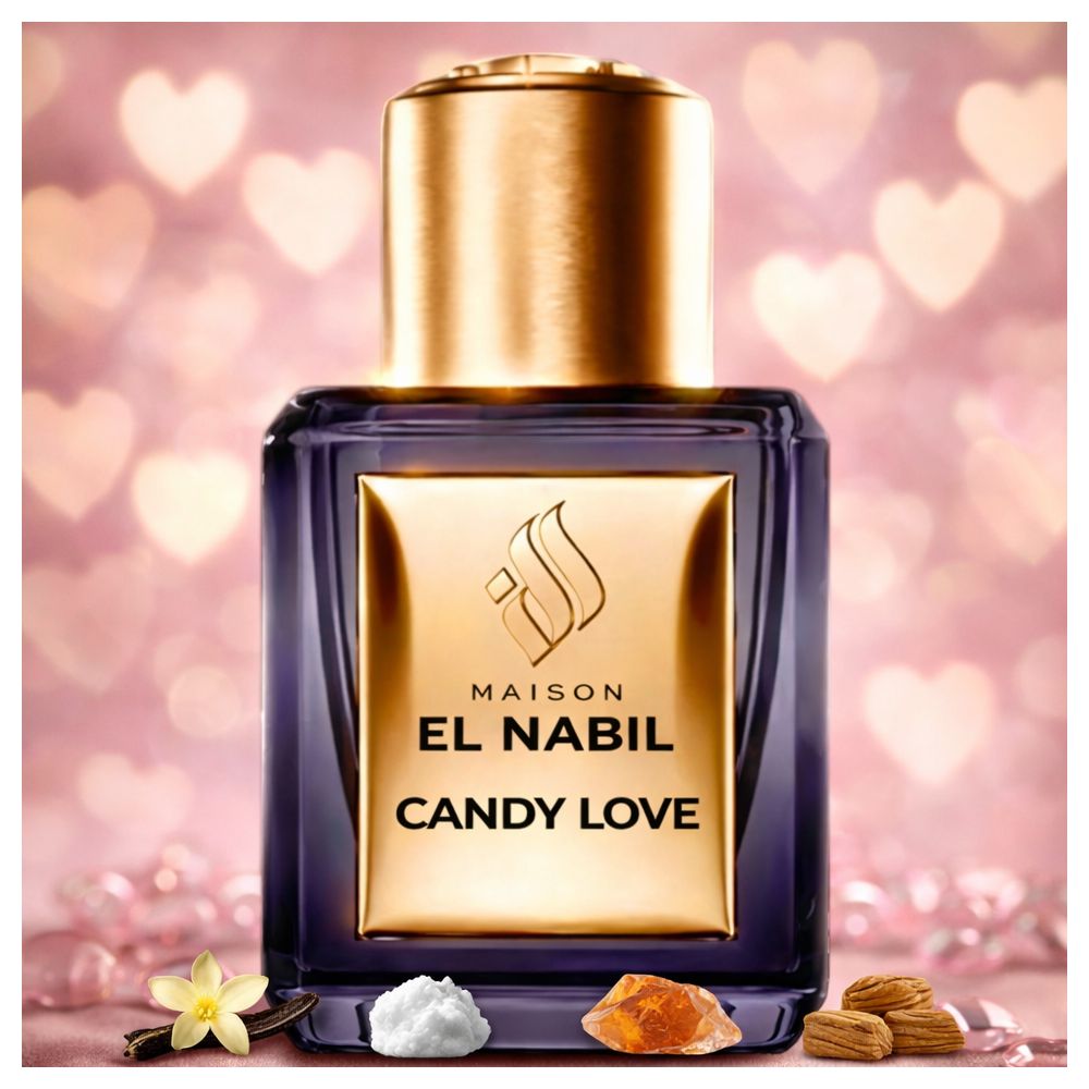 Flacon bleu foncé avec bouchon et étiquette dorés. Inscription : El Nabil Candy Love. Ingrédients supplémentaires.