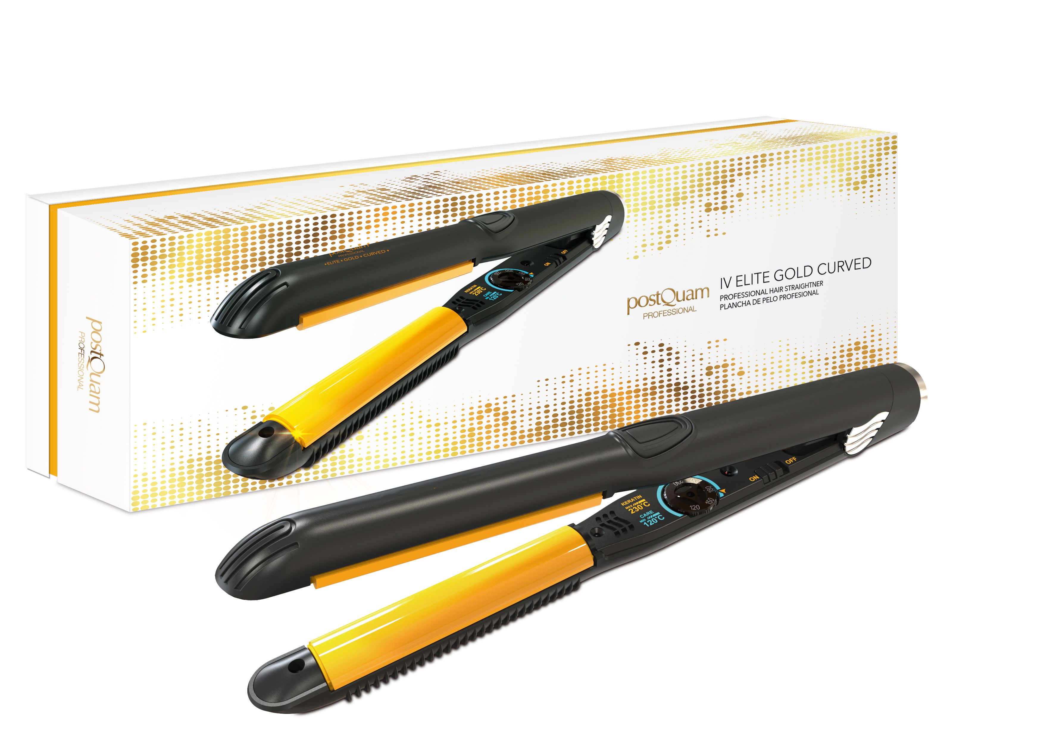 Zwart stijltang met gele elementen. Opschrift: Postquam Elite Gold Curved. In verpakking met productafbeelding.