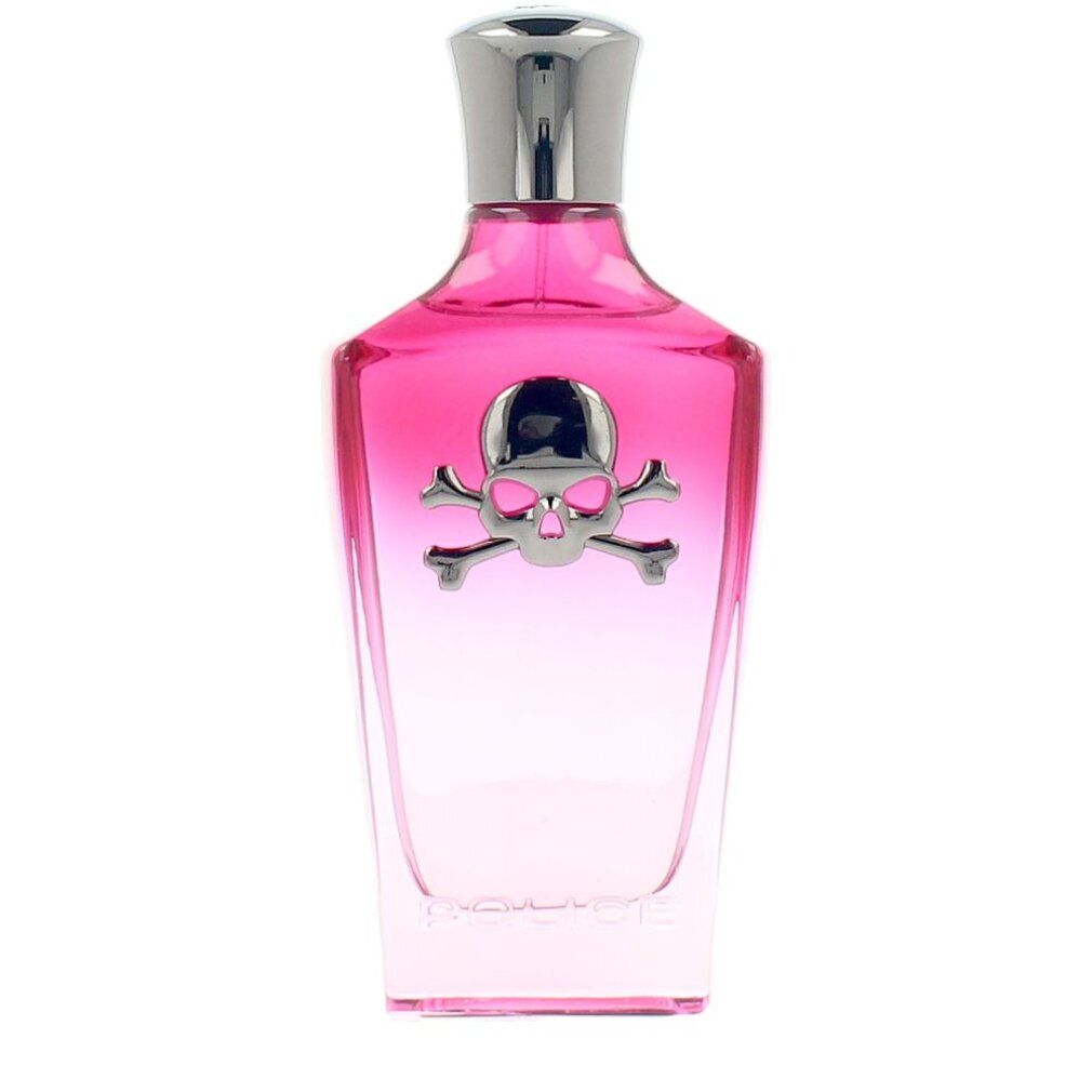 Een doos en een flesvormige glazen container met een schedelsymbool, gevuld met roze vloeistof. 100 ml.
