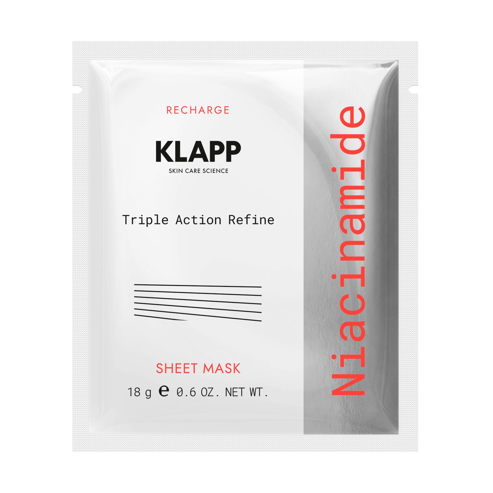 Masque en feuille Klapp. Emballage blanc avec texte rouge. Contient de la Niacinamide. Inscription: Recharge, Triple Action Refine, 18g.