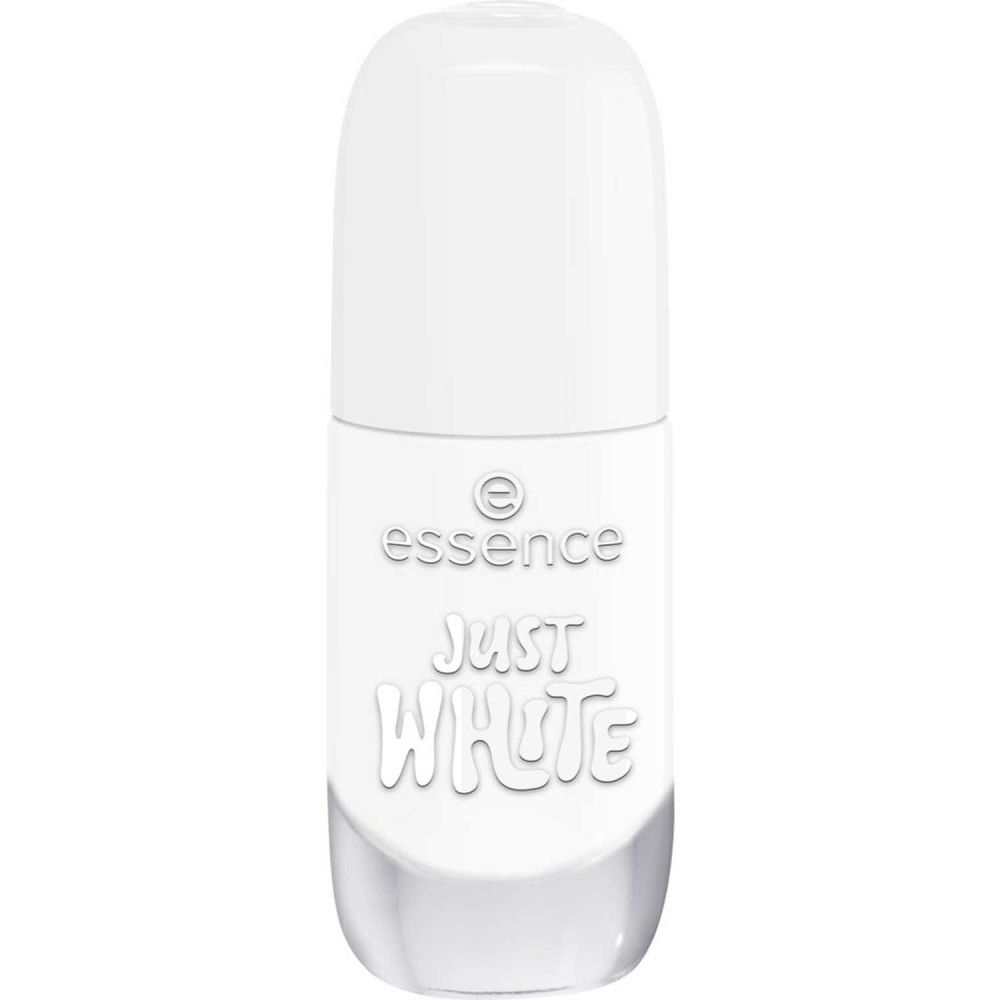 Witte nagellakfles. Op de fles staat "essence" en "Just White". De dop zit erop.