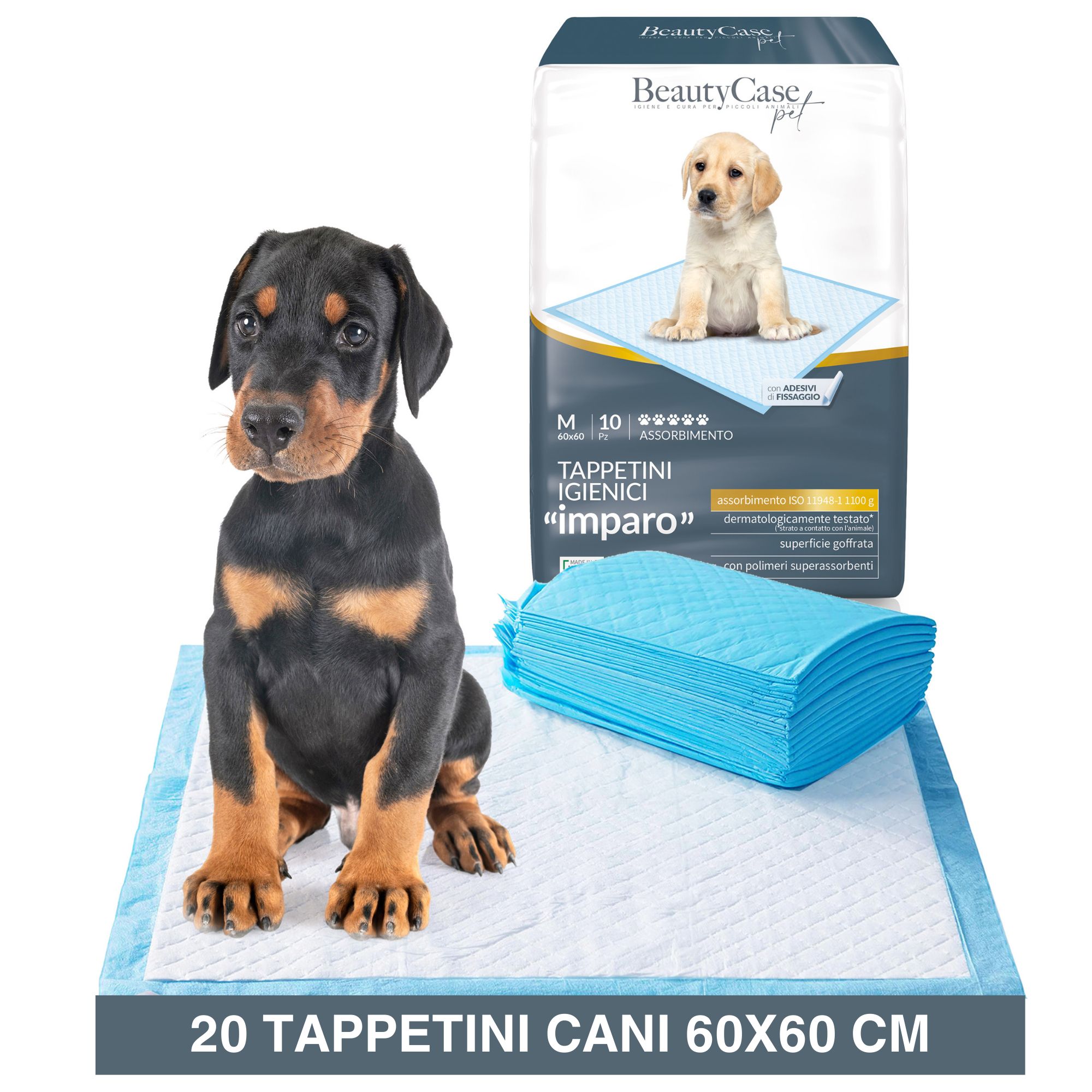 Blauwe hondenmat met puppy. Verpakking met puppy. 20 stuks, 60x60 cm.