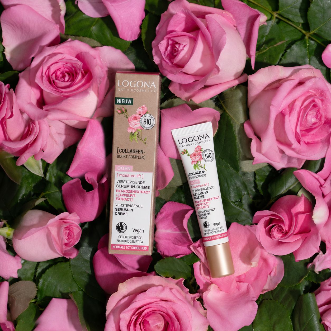 LOGONA oogcrème tube en doosje met rozenillustratie.