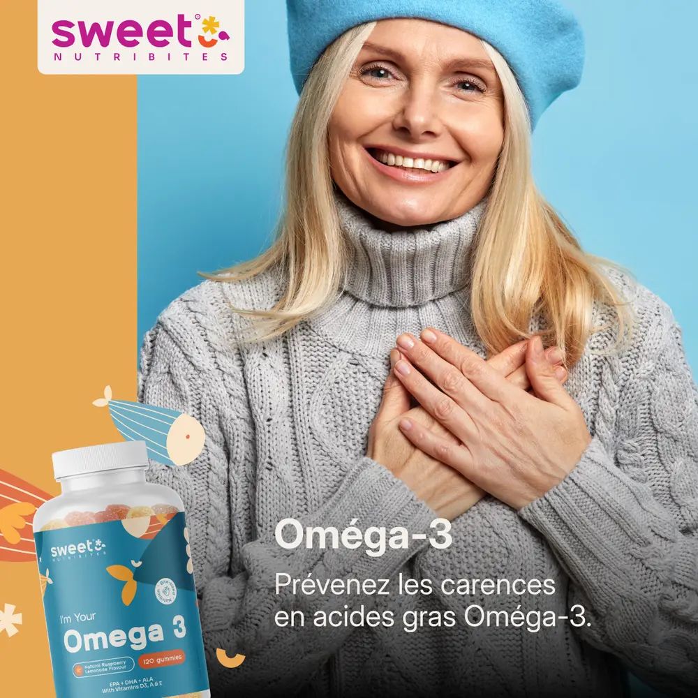 Femme âgée avec chapeau bleu et pull. Texte: Oméga-3. Prévenez les carences en acides gras Oméga-3.