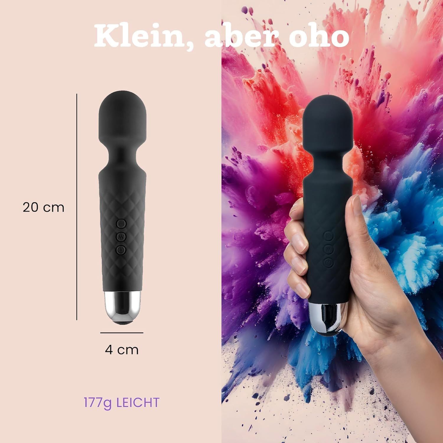 Zwarte vibrator, 20 cm lang, 4 cm breed. 177g lichtgewicht. Handvat met ruitpatroon.