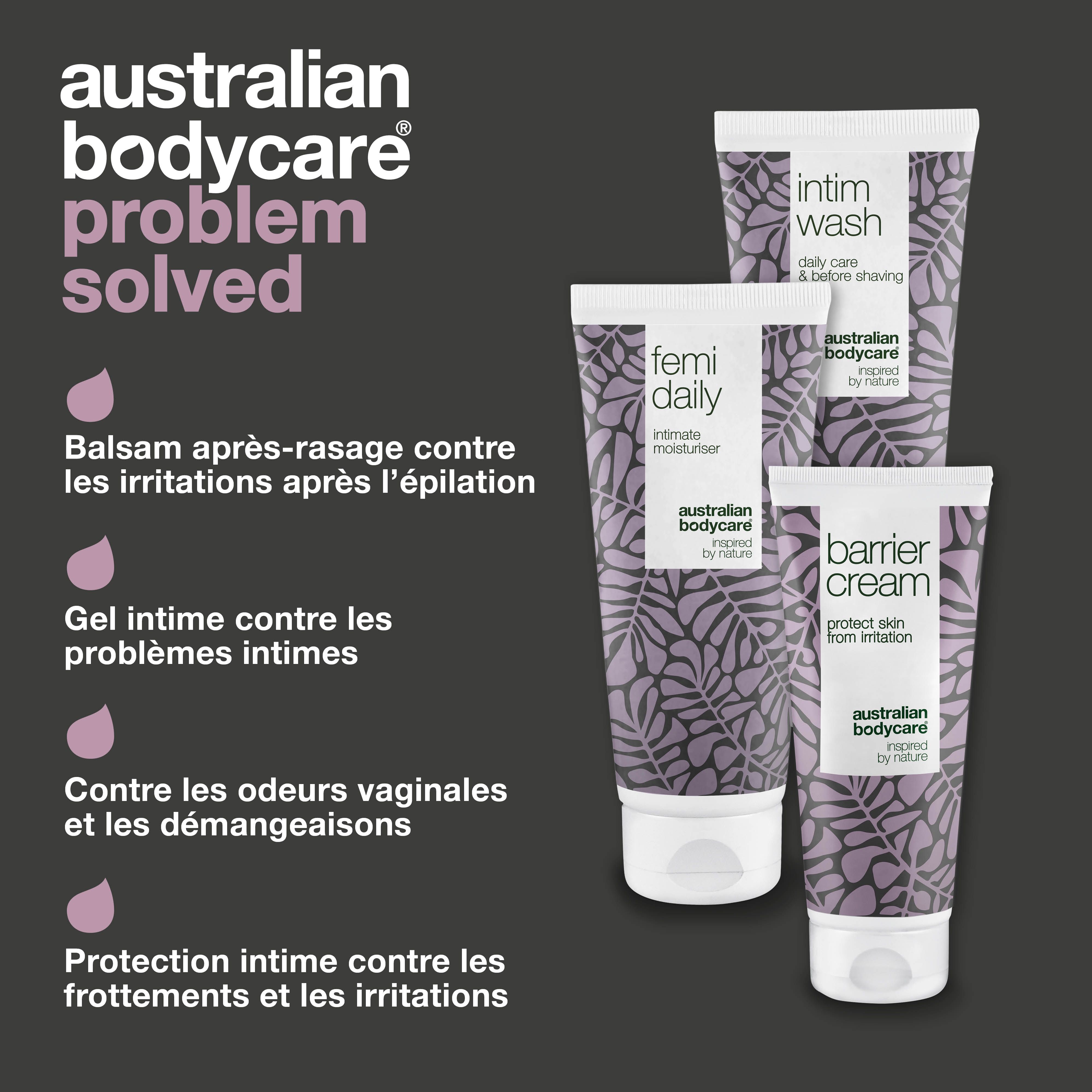 Trois tubes : Intim Wash, Femi Daily, Barrier Cream. Texte : Problème résolu. Marque : Australian Bodycare.