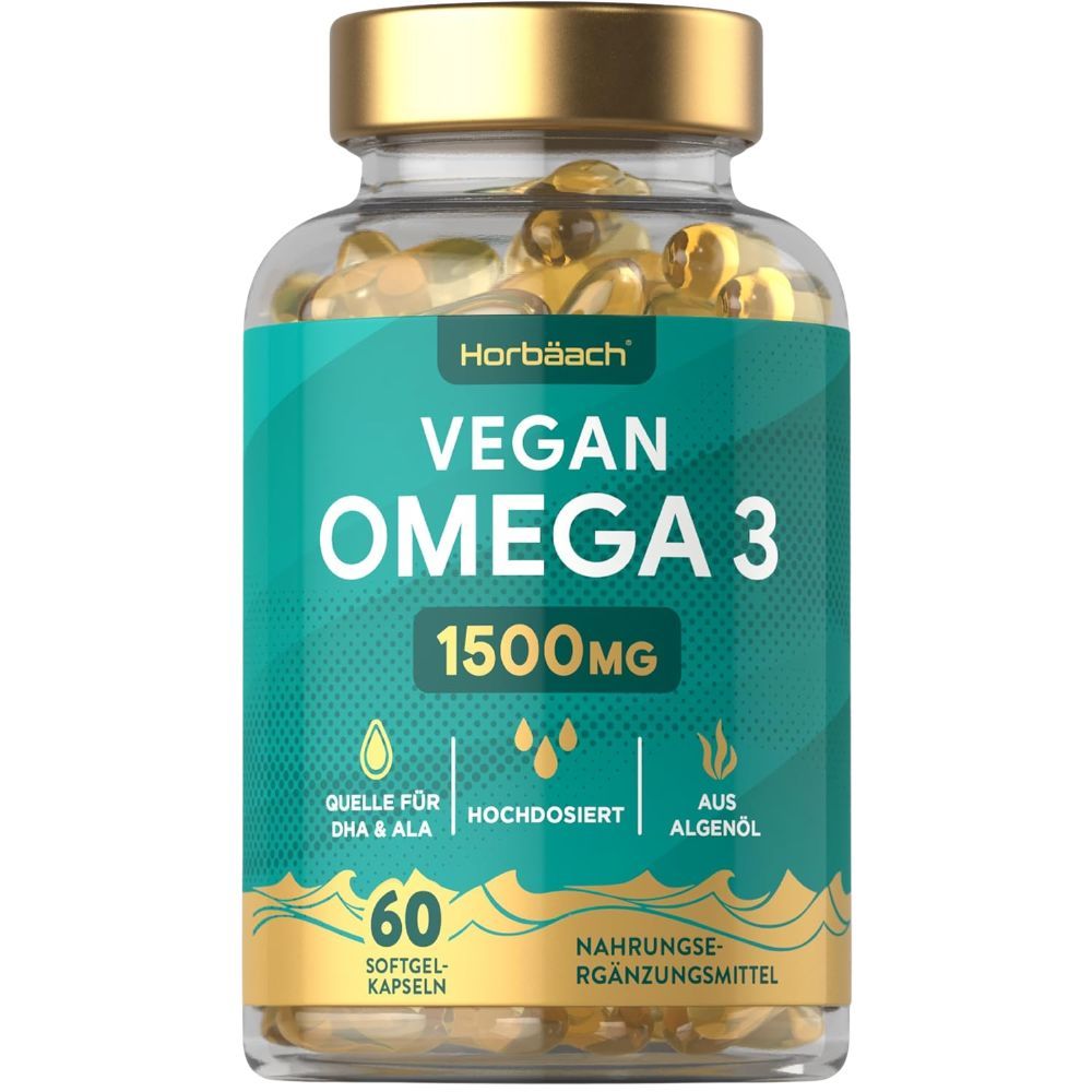 Glazen fles met capsules. Opschrift: Horbaach Vegan Omega 3 1500mg. 60 softgels.