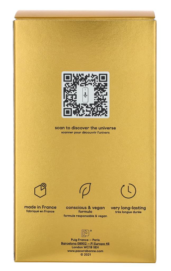 Achterkant van de gouden doos. QR-code, logo's en tekst.