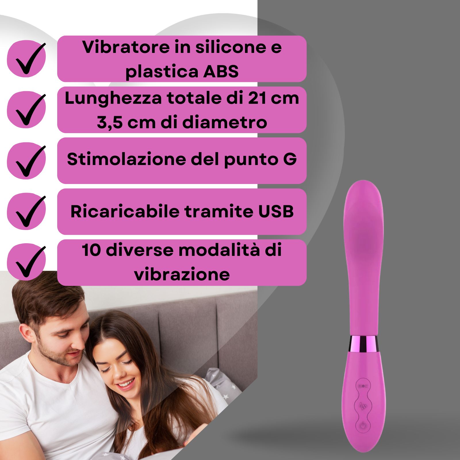 Roze vibrator. Koppel in bed. Tekst: siliconen, G-punt stimulatie.