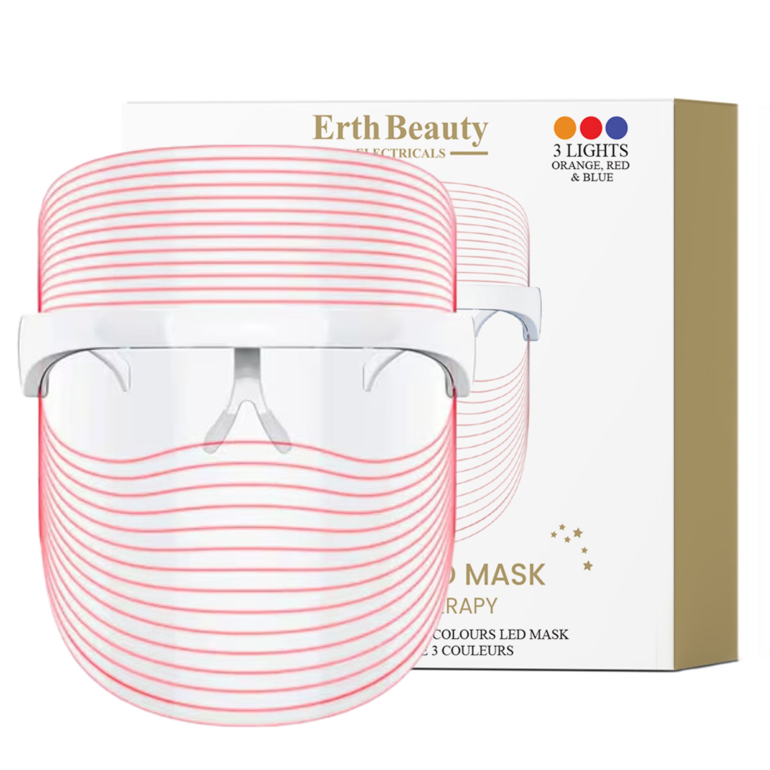 Erth Skin London 3-kleuren LED-masker met beschermende bril en verpakking.