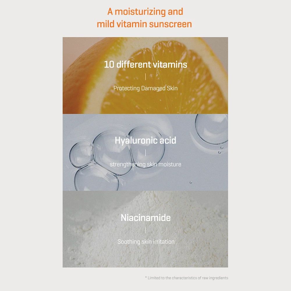 Composition avec vitamines, acide hyaluronique et niacinamide. Texte : « A moisturizing and mild vitamin sunscreen ».