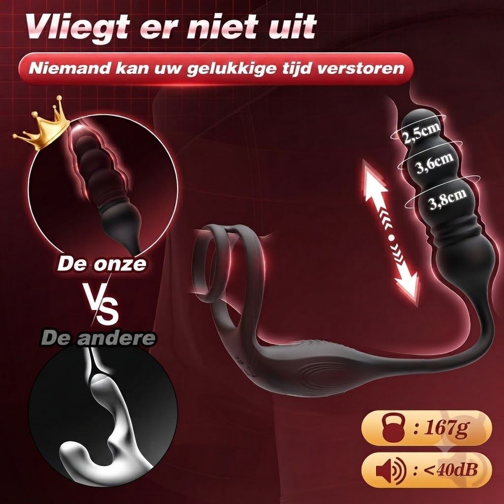 Zwarte vibrator met geribbelde kop en flexibele basis. Afmetingen: 2,5cm, 3,6cm, 3,8cm. Gewicht: 167g. Geluidsniveau: <40dB.