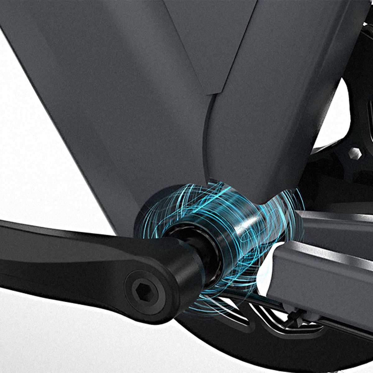 Close-up van de trapas. Zwarte pedalen en componenten met blauwe lichteffecten.