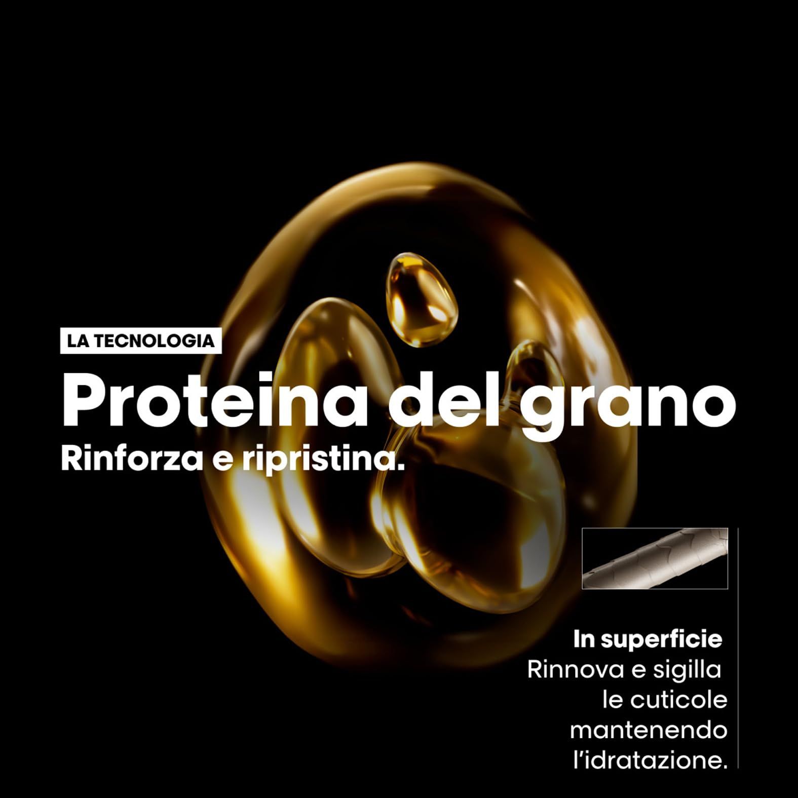 Gouden vloeistof met bellen. Tekst: Proteina del grano. Klein beeld: haarstructuur.