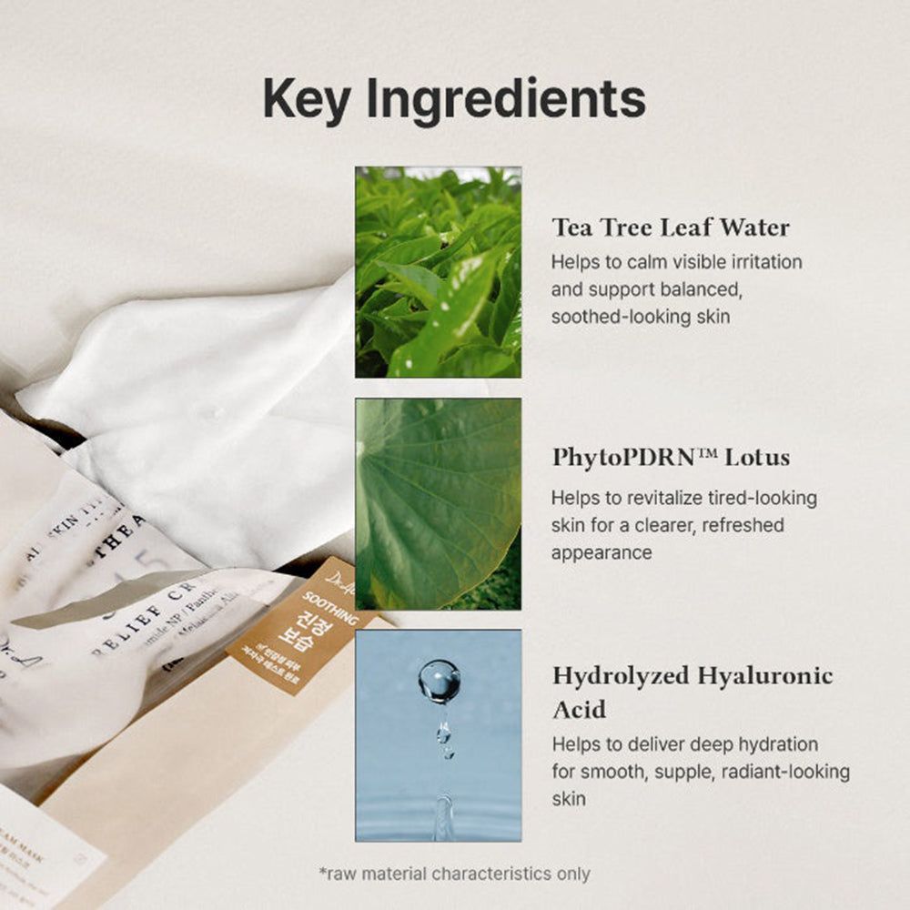 Gros plan sur l'eau de feuille d'arbre à thé, le lotus PhytoPDRN et l'acide hyaluronique hydrolysé.