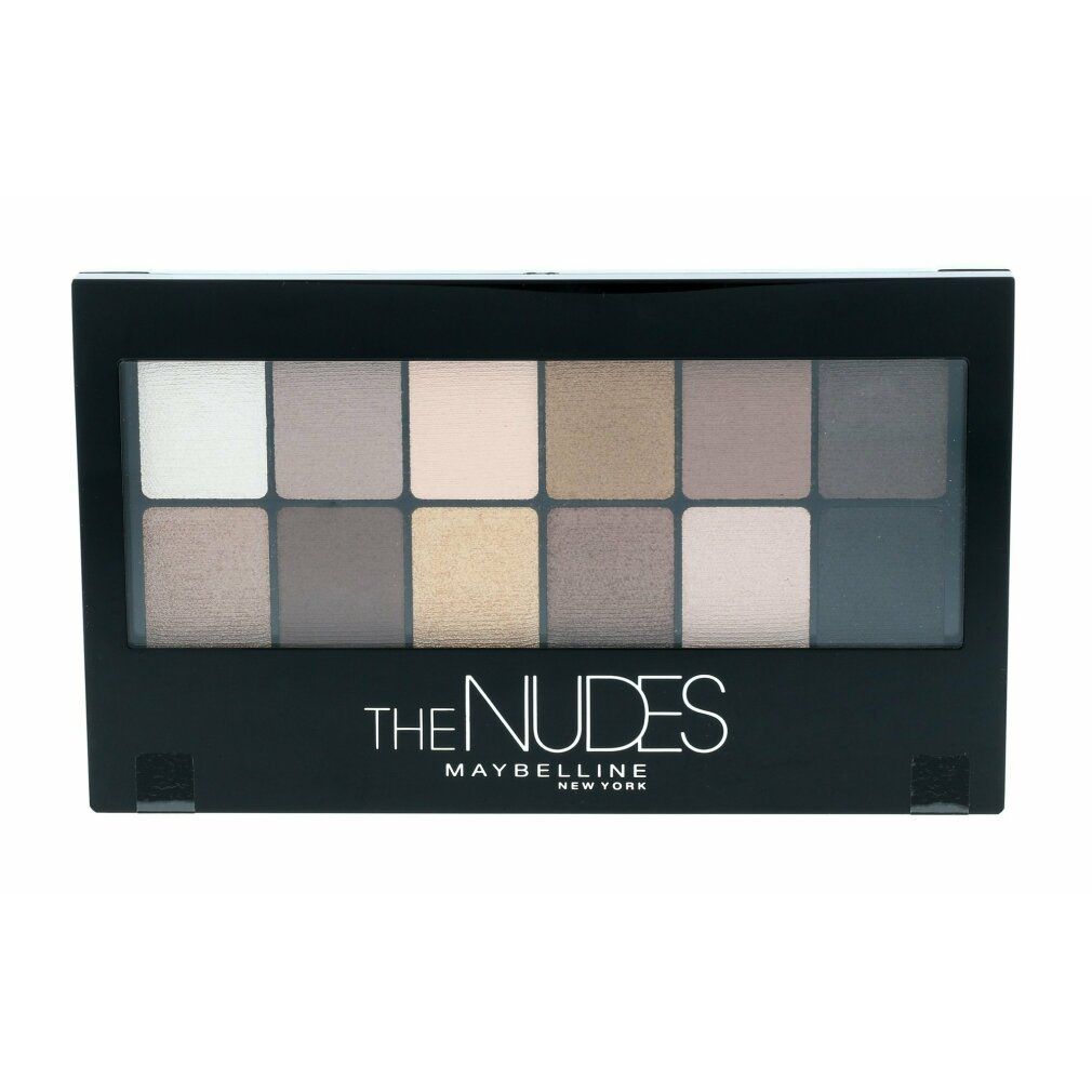 Palette de fards à paupières avec 12 teintes. Emballage noir. Inscription : THE NUDES MAYBELLINE New York.