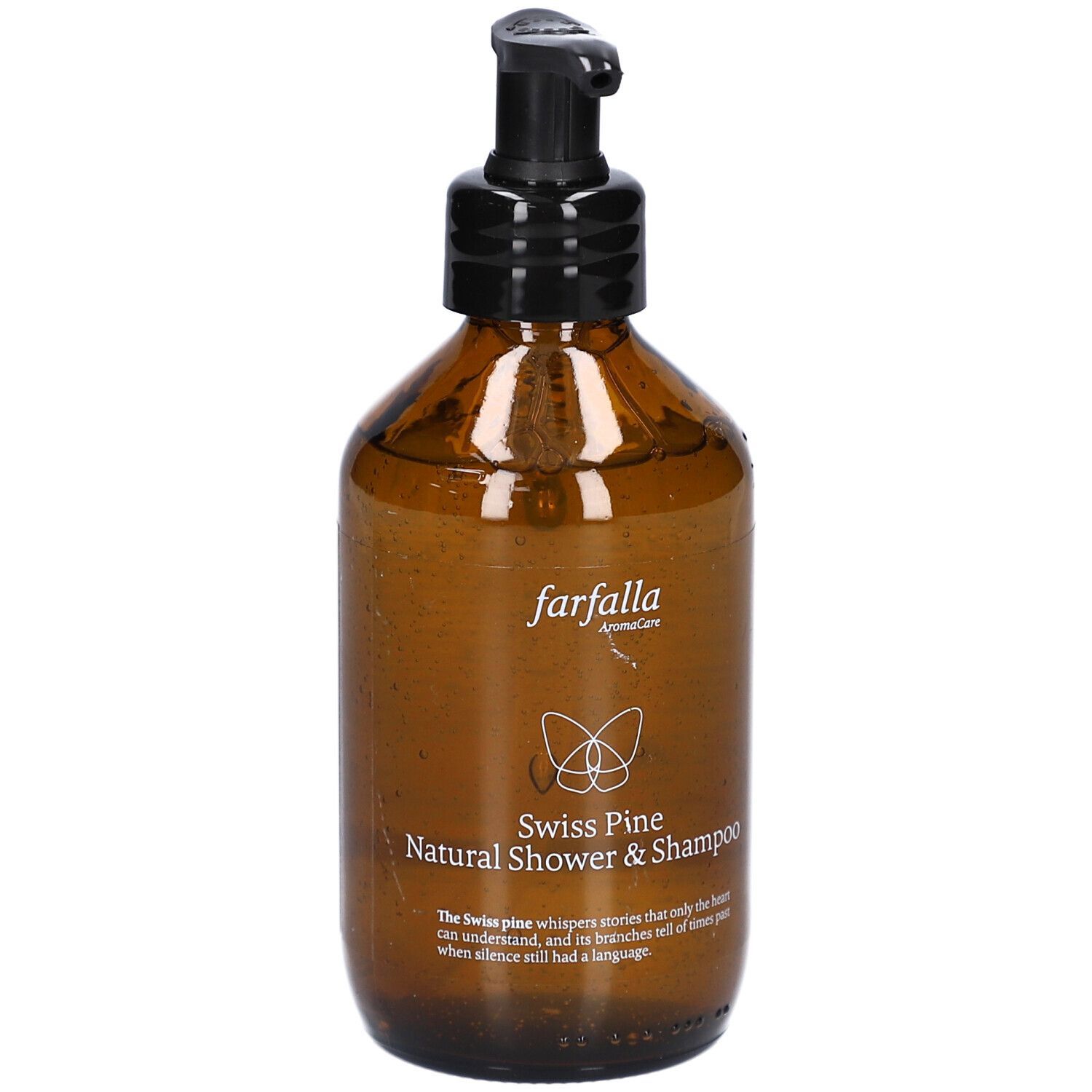 Flacon brun avec pompe noire. Inscription: Farfalla, Swiss Pine Natural Shower & Shampoo.