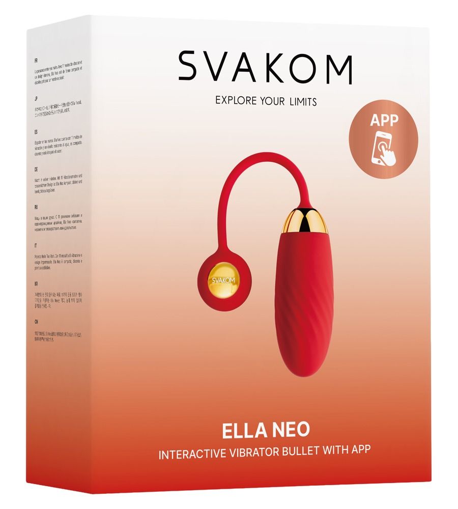 Emballage SVAKOM Ella Neo avec image du produit et icône d'application.