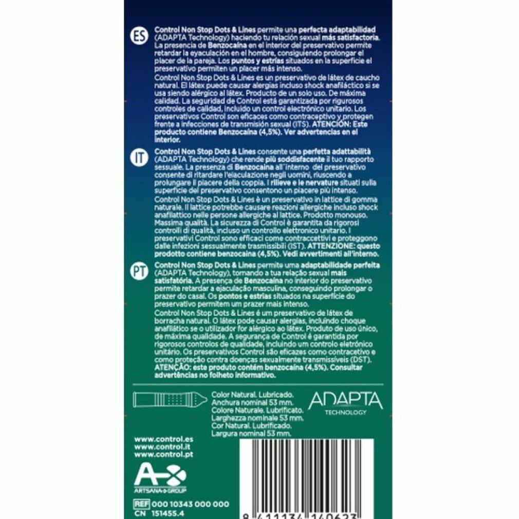 Boîte de préservatifs Control Non Stop Dots & Lines. 12 préservatifs. Boîte verte et bleue avec logo et nom.