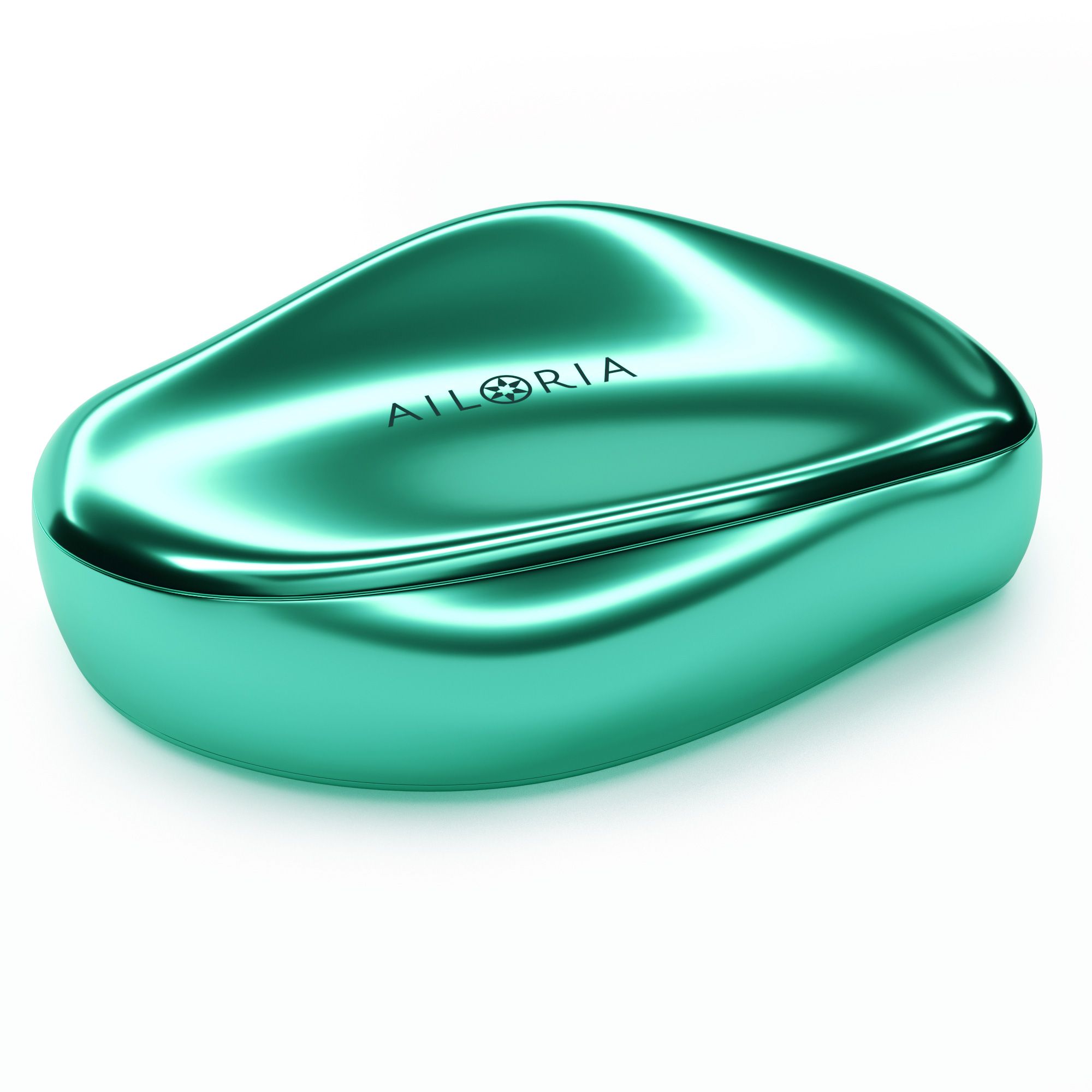 Étui ovale turquoise brillant. Logo AILORIA sur le dessus.