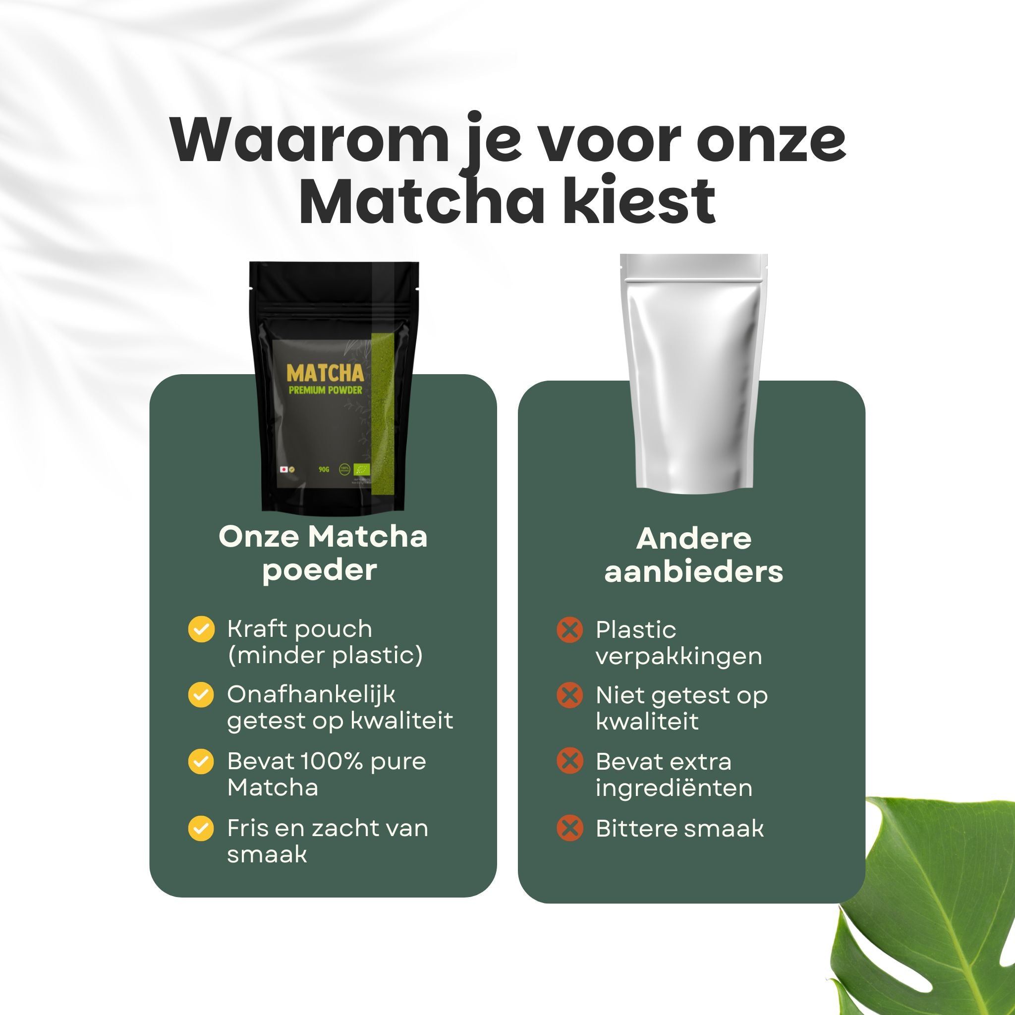 Vergelijking: Matcha poeder vs. andere aanbieders. Kraft papieren zak, 100% pure matcha, frisse smaak.
