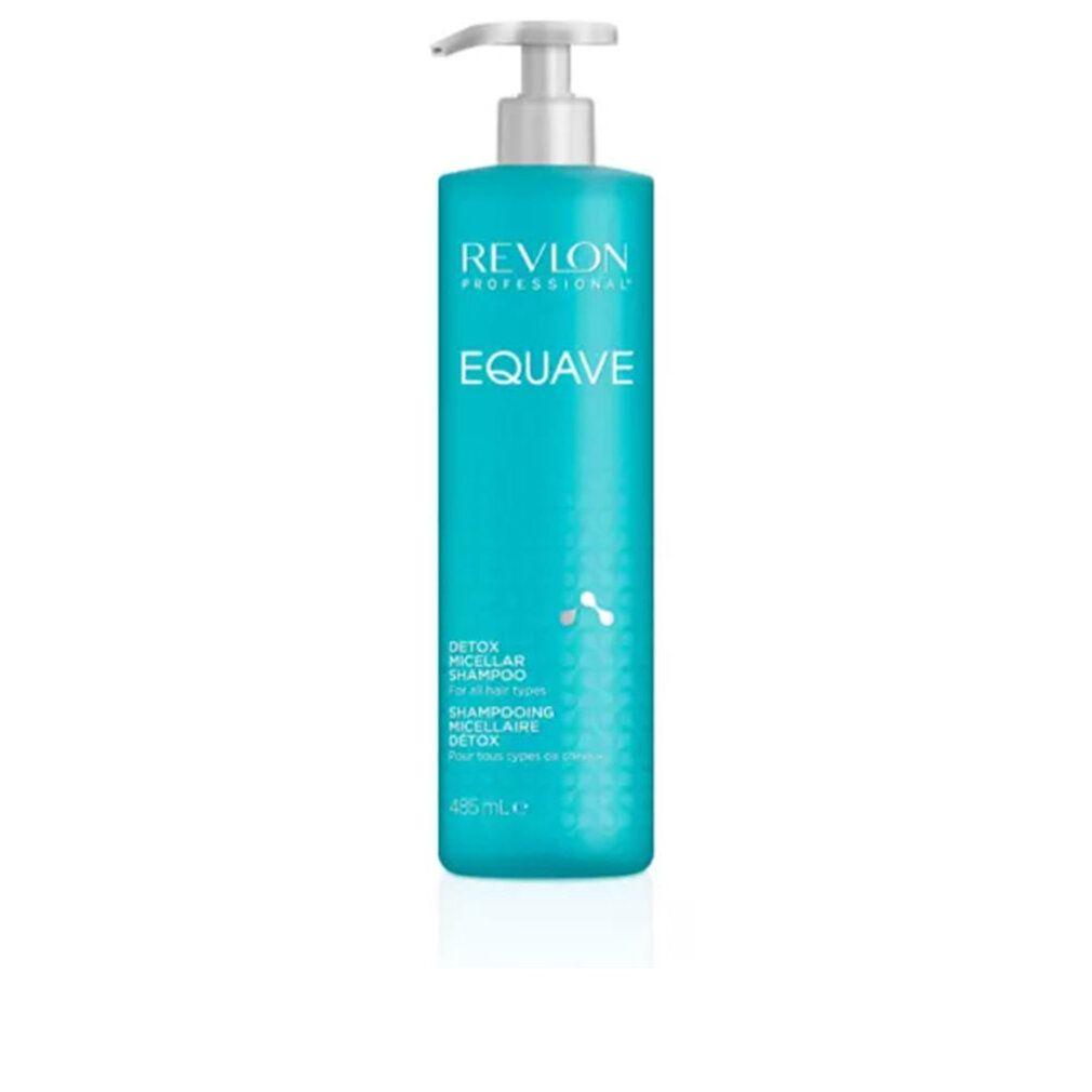 Flacon de shampooing turquoise avec pompe. Inscription : Revlon Professional, Equave, Detox Micellar Shampoo.
