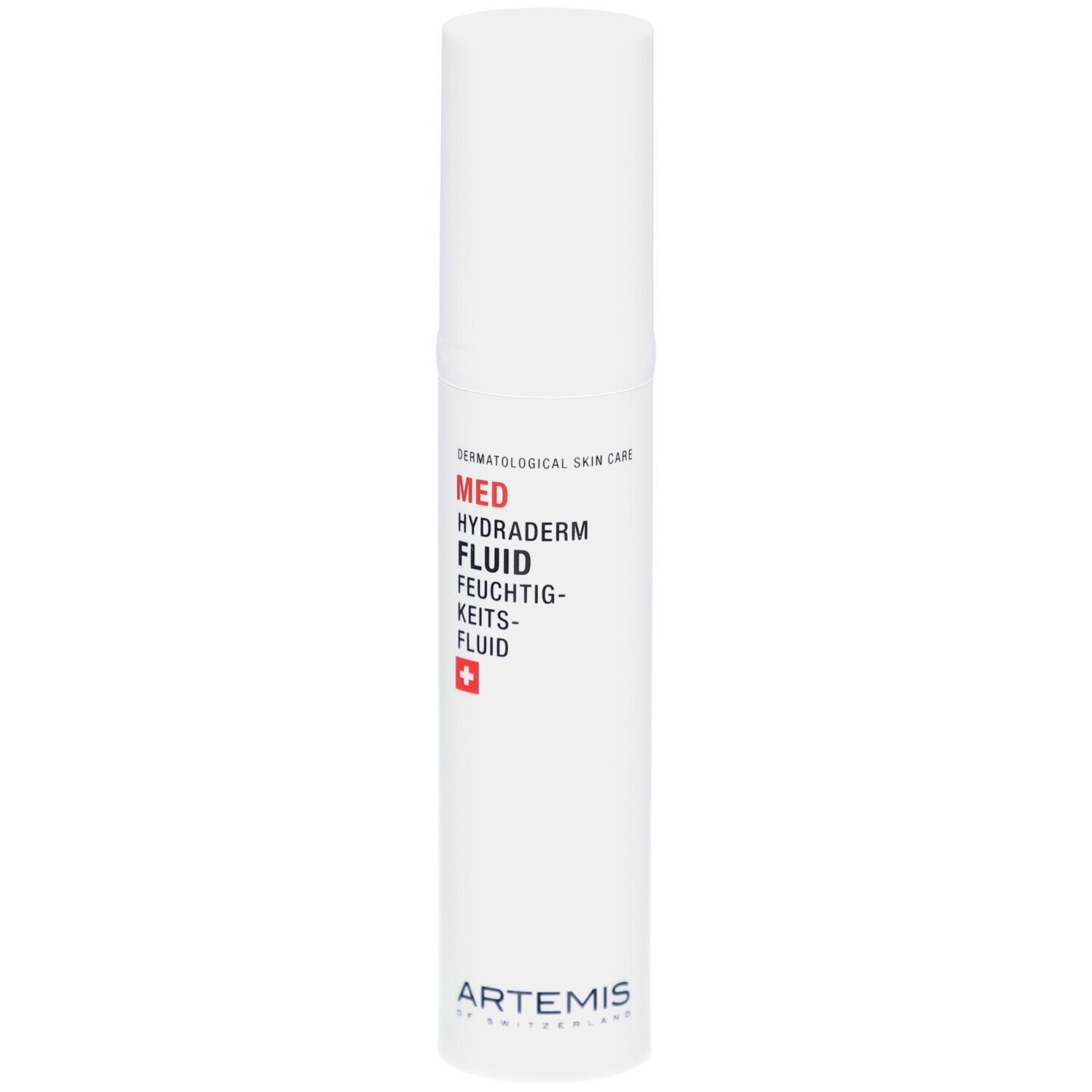 Flacon blanc avec texte rouge MED Hydraderm Fluid. Croix suisse. Logo Artemis.