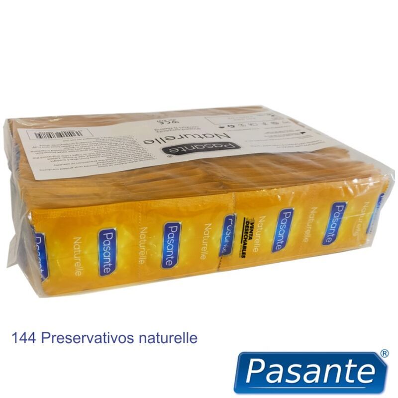 Grand emballage avec emballages individuels. Nom du produit 'Naturelle' et '144 Preservativos naturelle' visibles.