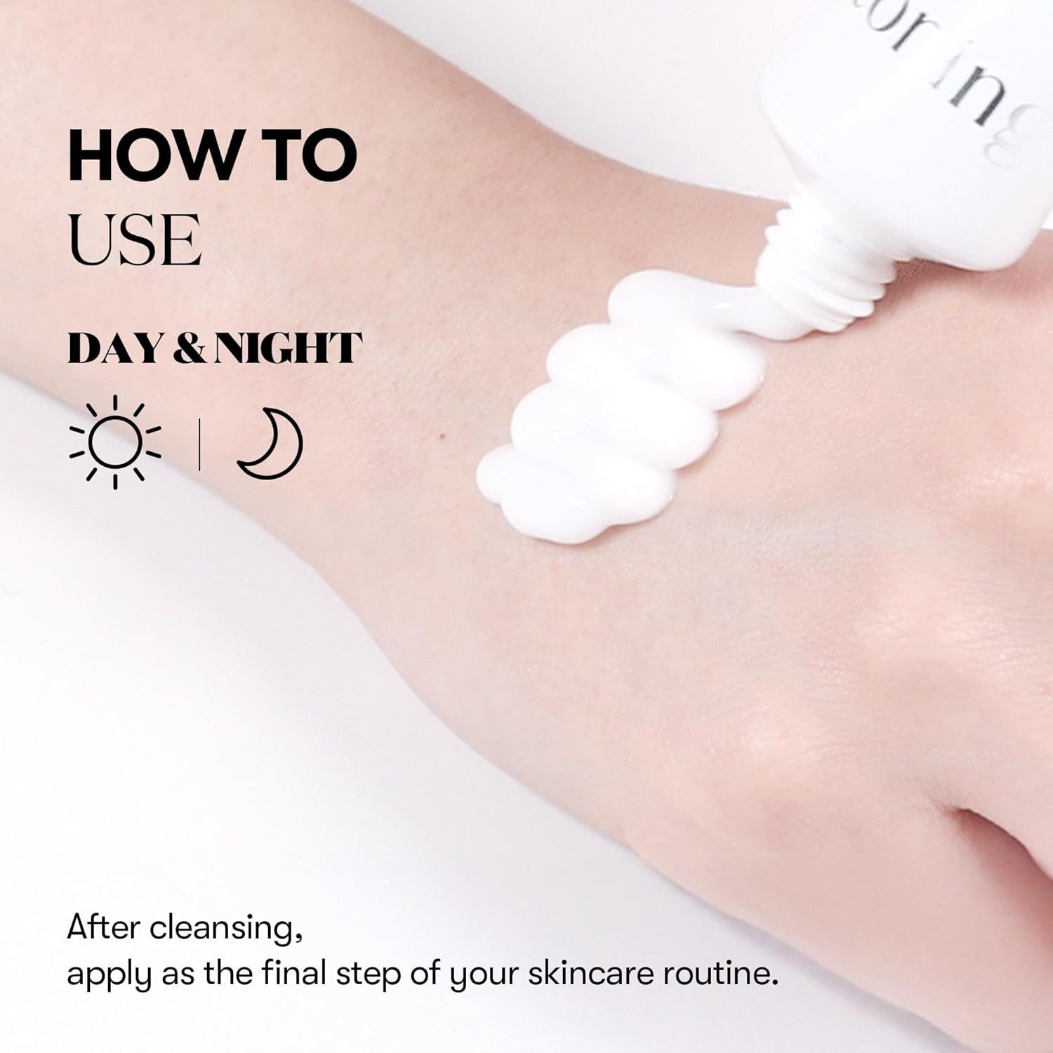 Main pressant de la crème d'un tube. Texte: How to Use, Day & Night. Symboles soleil et lune.