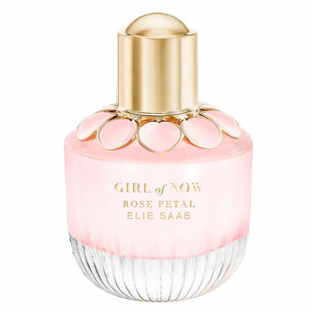 Flacon d'Elie Saab Girl of Now Rose Petal Eau de Parfum avec bouchon doré et applications de fleurs roses.