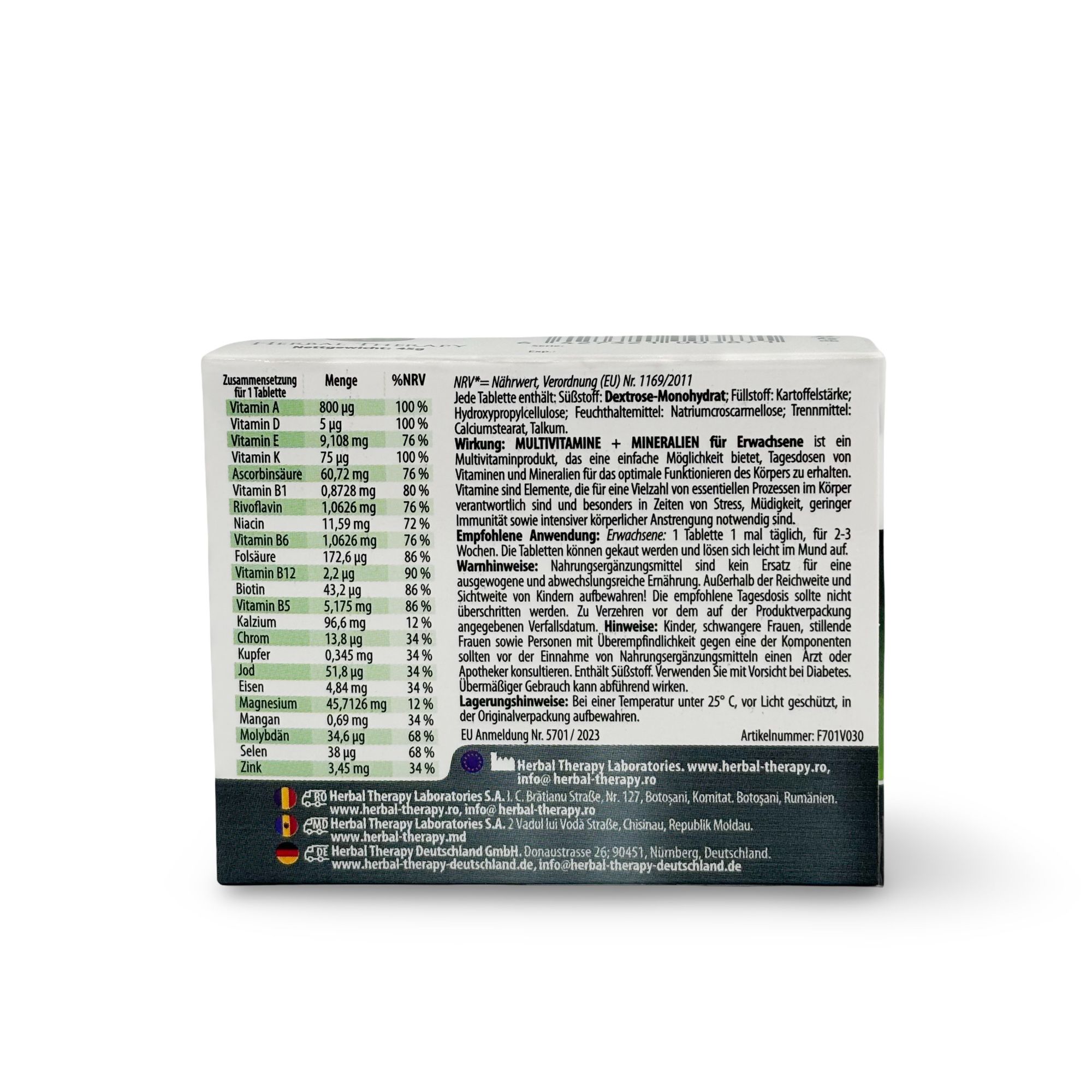Achterkant van de "Herbal Therapy" verpakking. Tekst met ingrediënten, voedingswaarde en instructies. Witte achtergrond.