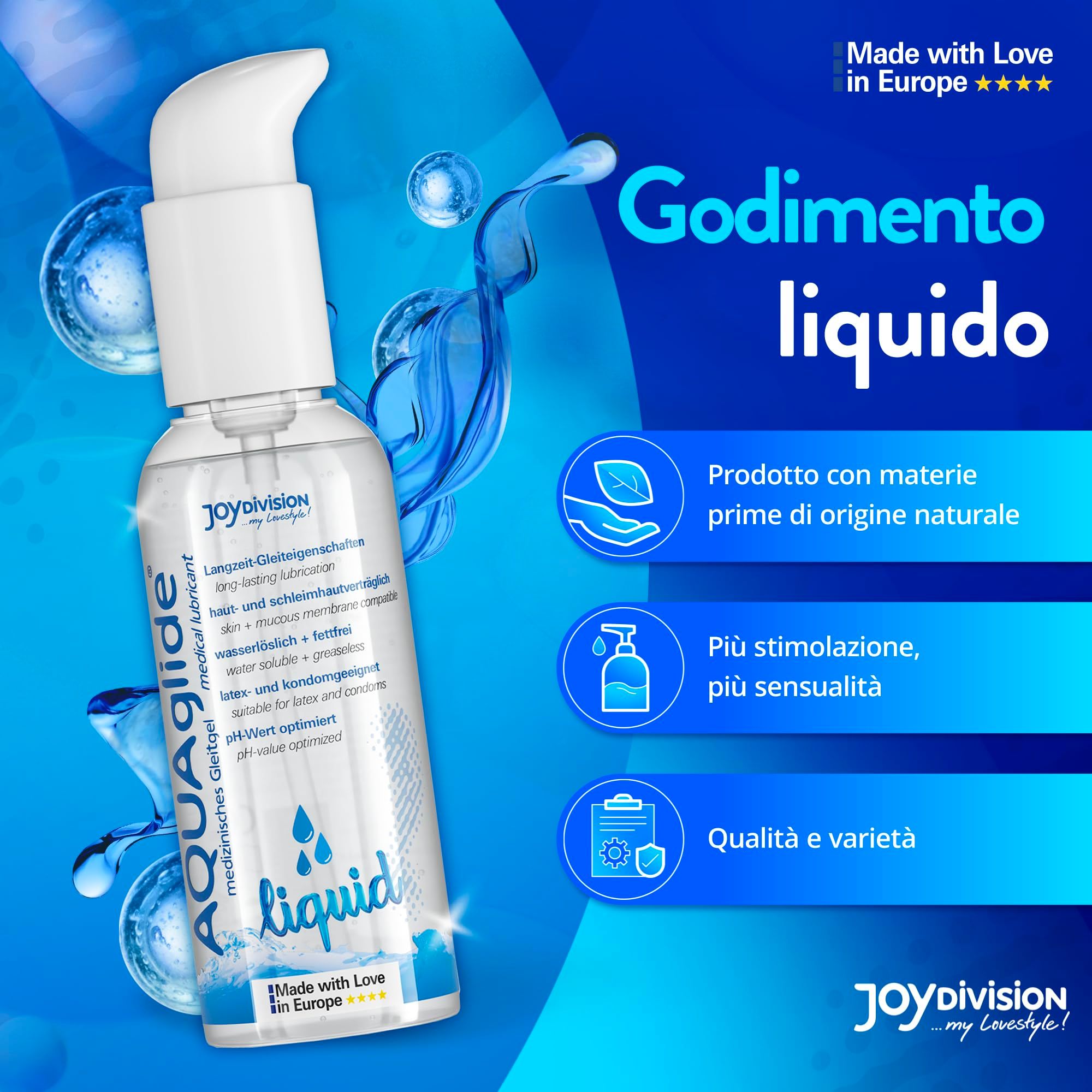 AQUAGLIDE Liquid glijmiddel. "Vloeibaar genot" met natuurlijke ingrediënten, meer stimulatie.