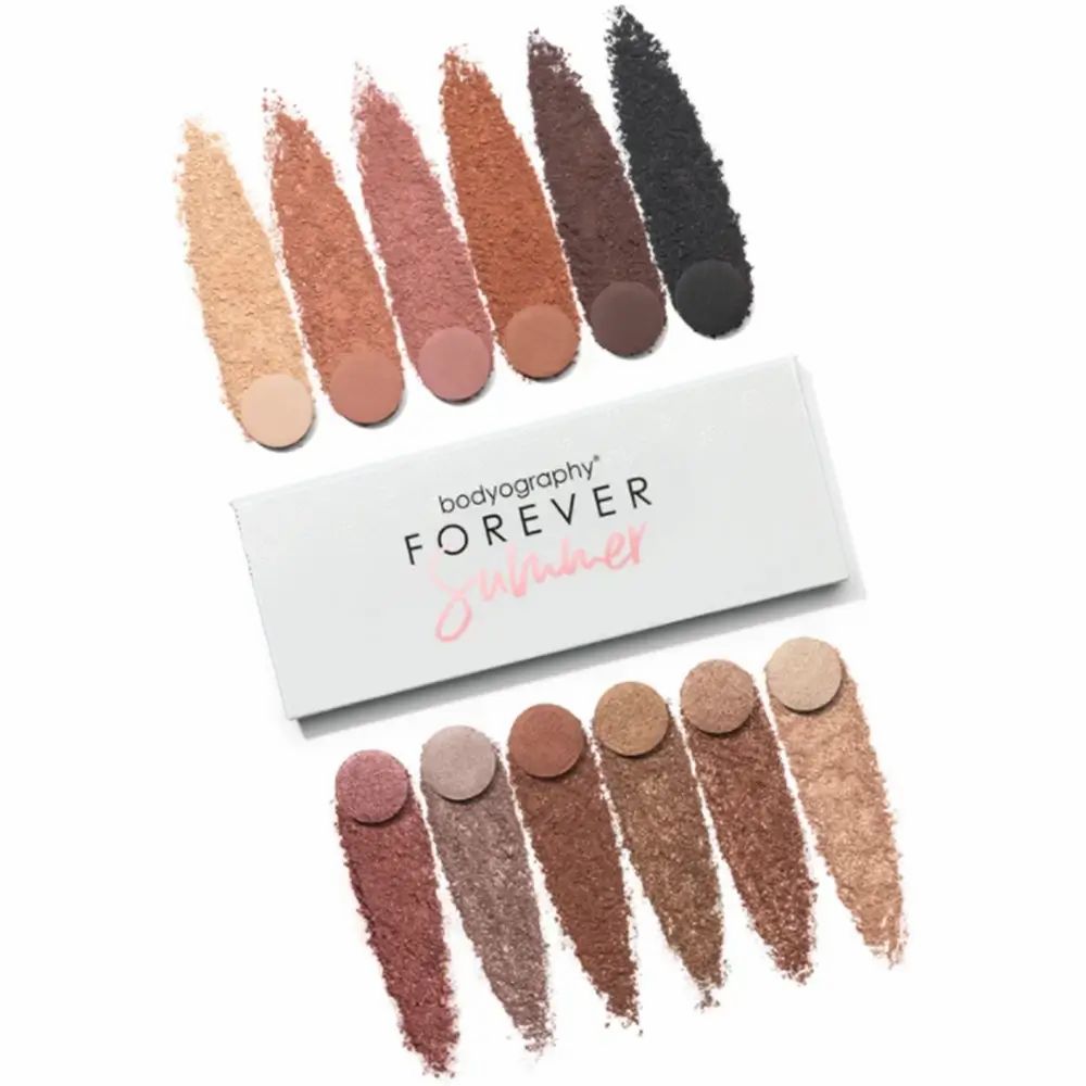 Oogschaduwpalet met 12 tinten en swatches. Verpakking met opschrift BODYOGRAPHY Forever Summer.