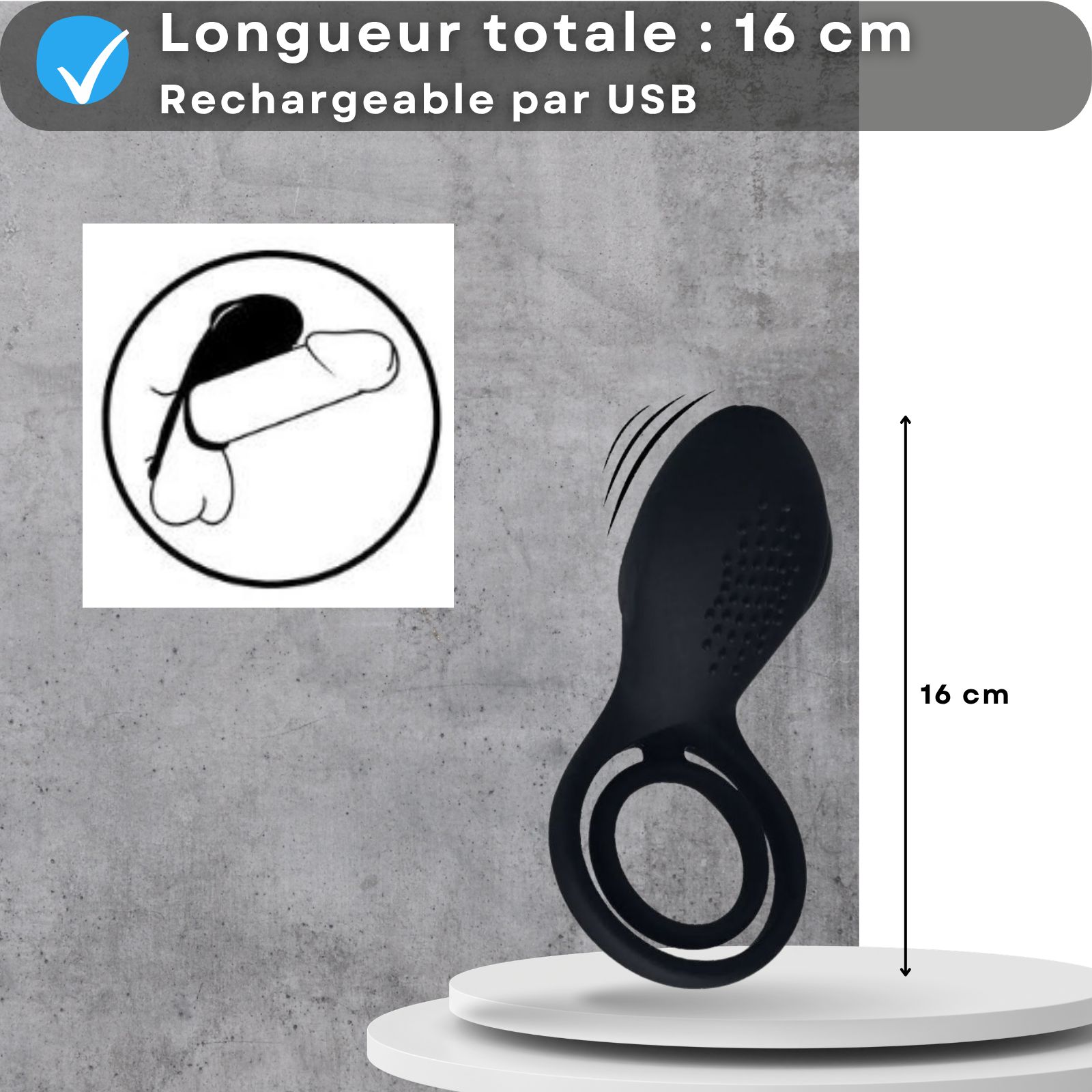 Anneau pénien vibrant. Texte: Longueur totale 16cm, Rechargeable USB.