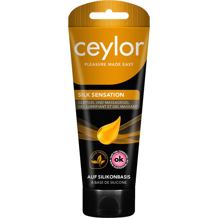 Tube de gel lubrifiant Ceylor Silk Sensation. Fond noir, texte jaune. À base de silicone. Vegan et compatible avec les préservatifs.