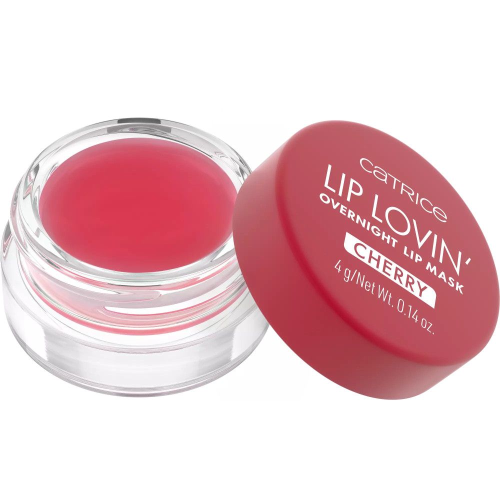 Catrice Lip Lovin' Masque pour les lèvres de nuit, en pot transparent avec couvercle rouge. Inscription "CHERRY" sur le couvercle.