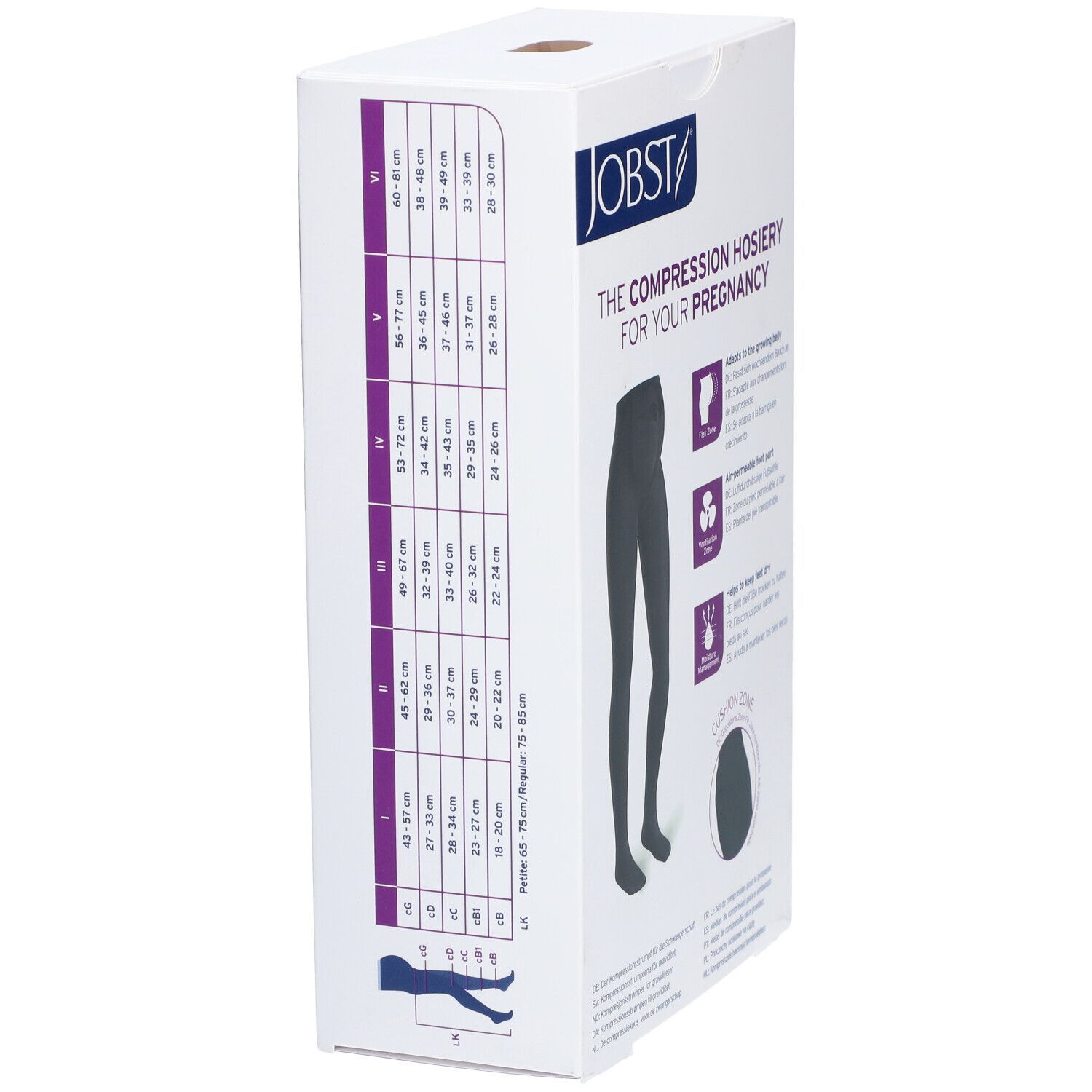 Emballage du collant de compression JOBST Maternity Opaque. Tableau des tailles et collant noir illustré. Flex Zone, Ventilation Zone.