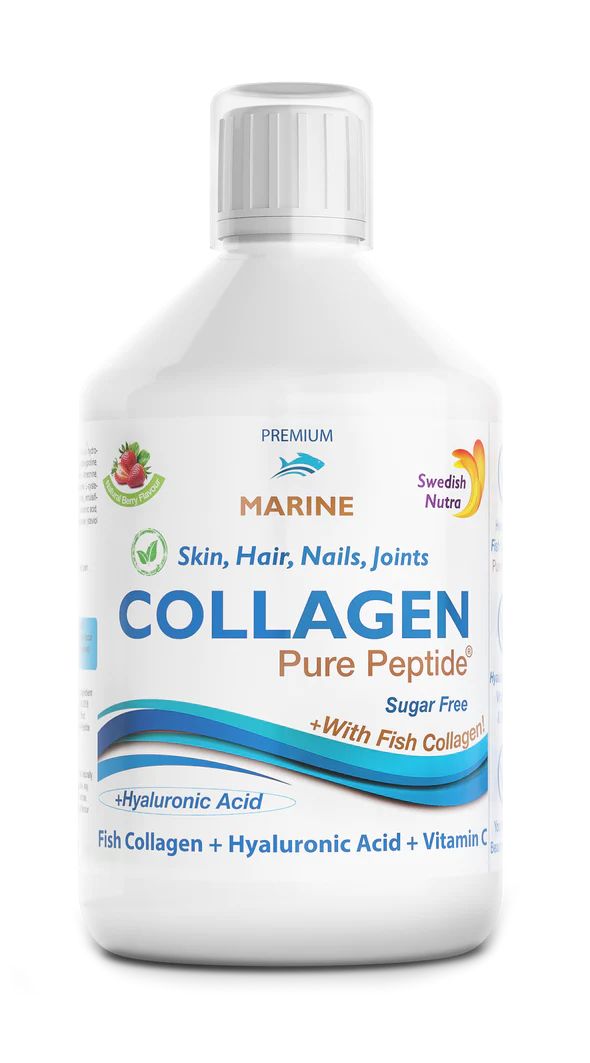 Witte fles Marine Collagen Pure Peptide. Bevat viscollageen, hyaluronzuur en vitamine C. Suikervrij. Merk: Swedish Nutra.