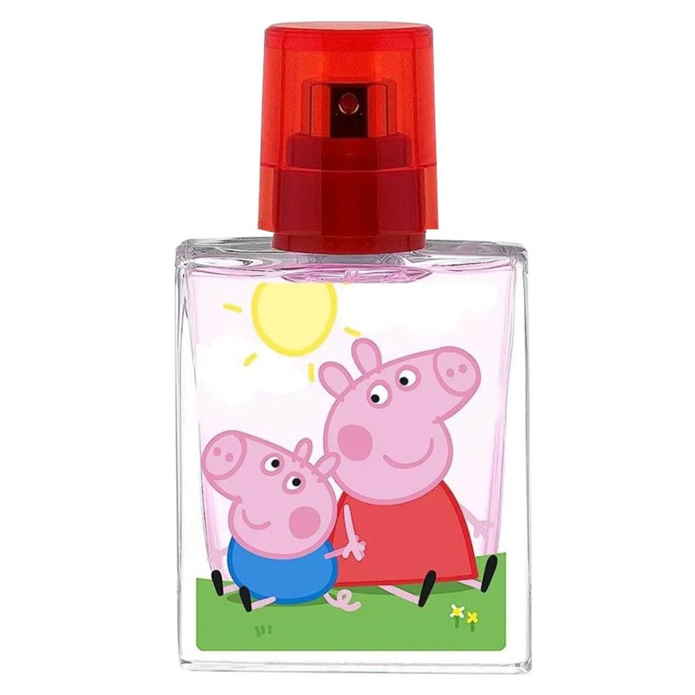 Flacon d'Eau de Toilette avec motif Peppa Pig. Flacon transparent avec vaporisateur rouge. Impression Peppa Pig et famille.