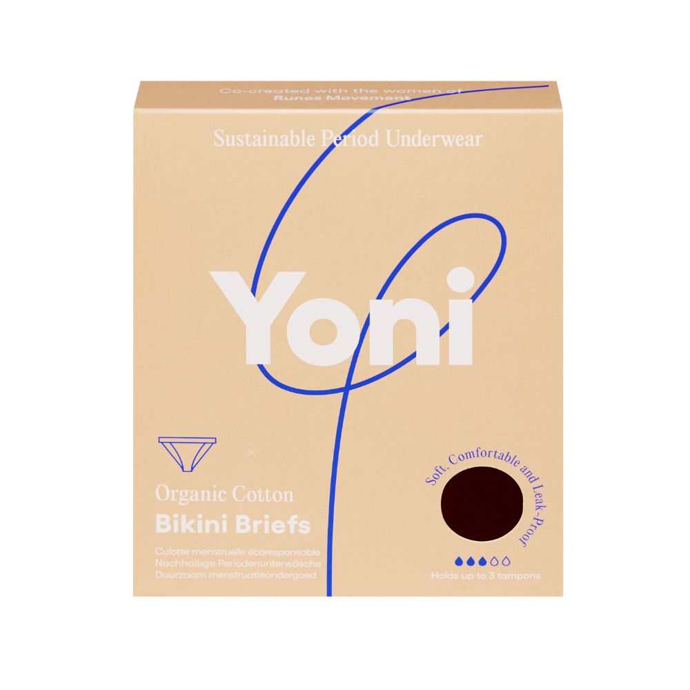Emballage pour sous-vêtements de règles. Marque Yoni. Coton bio, culotte bikini.