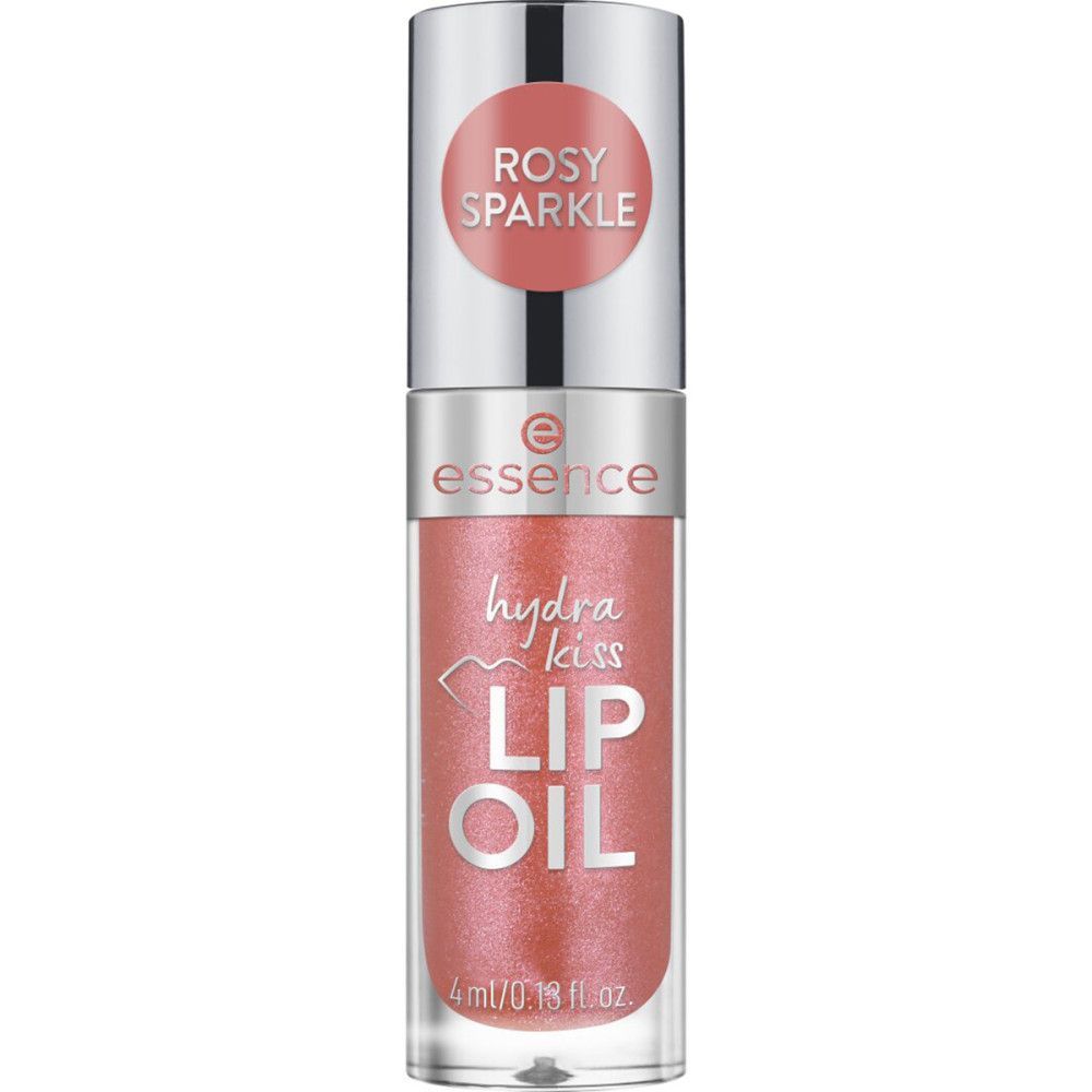 Flesje lipolie met roze inhoud. Opschrift: 'Essence hydra kiss LIP OIL'. Op de dop staat 'Rosy Sparkle'.