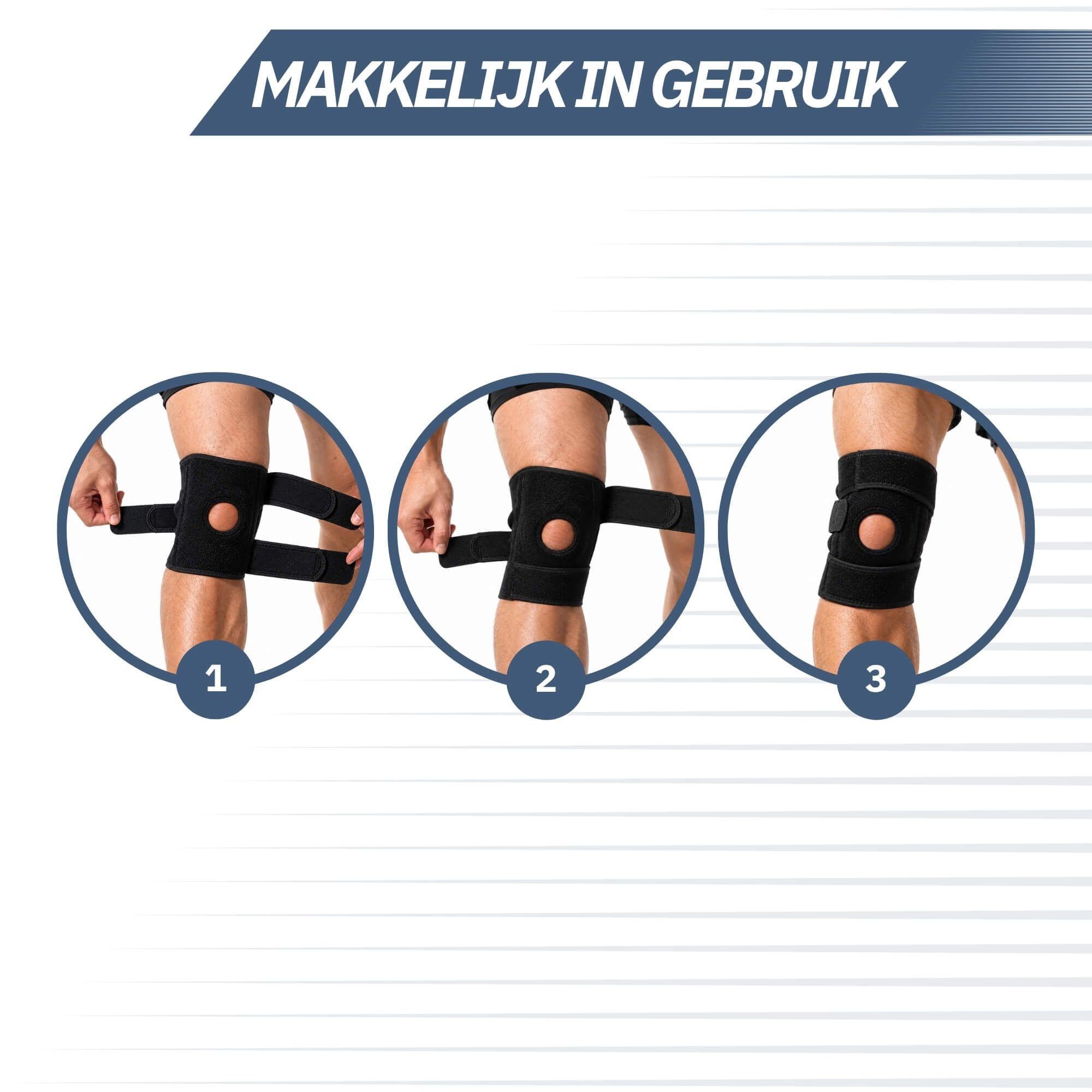 Zwarte kniebrace met klittenbandsluiting en patella-uitsparing, toont toepassingsstappen 1-3.