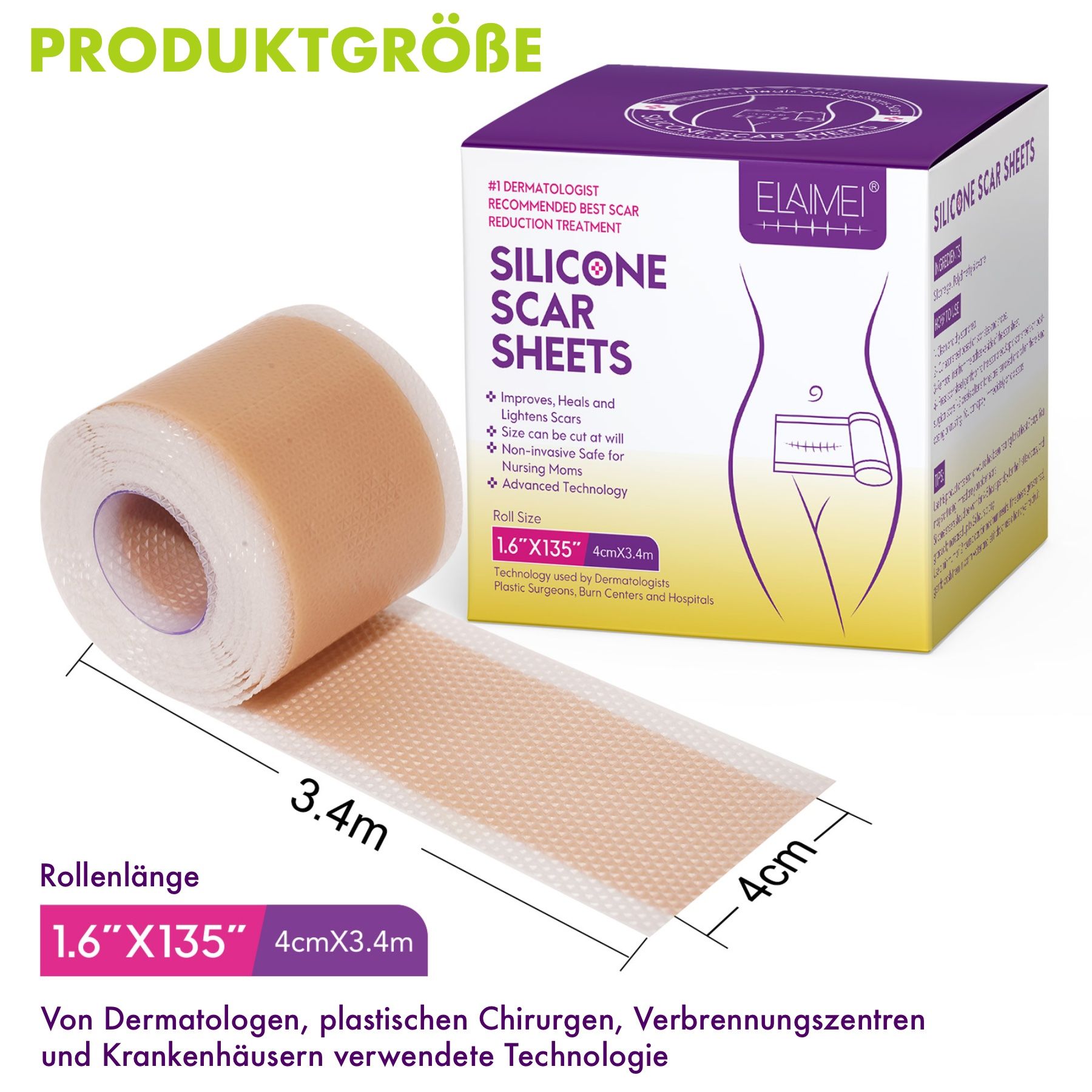 Siliconen littekenpleister rol, 4cm x 3.4m, huidkleurig.