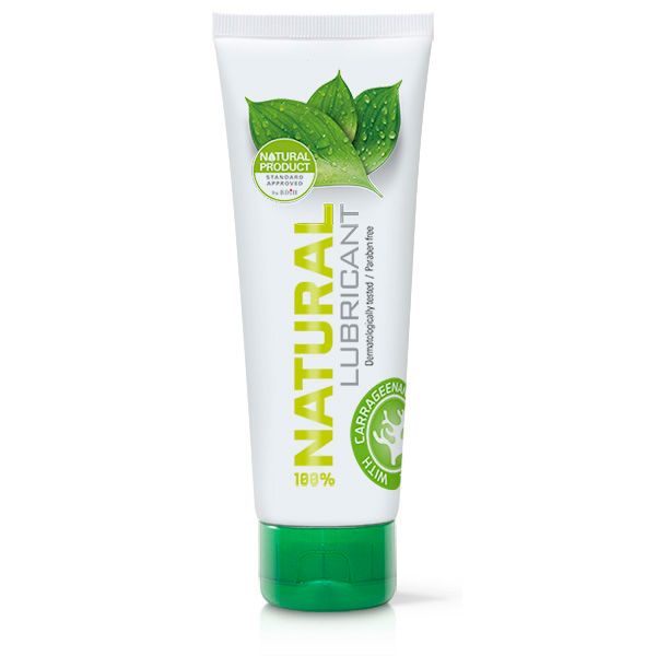 Tube blanc à bouchon vert, inscription "Natural Lubricant". Avec feuilles et gouttes d'eau.