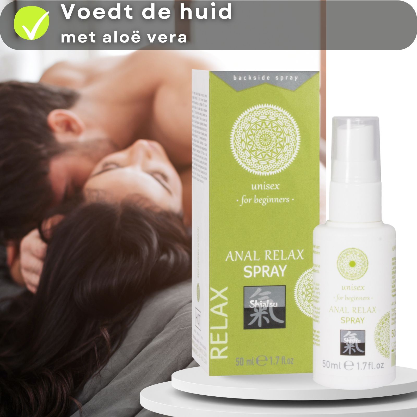 Product en paar. Verpakking met tekst. ANAL RELAX SPRAY, unisex, Shiatsu. 50 ml.