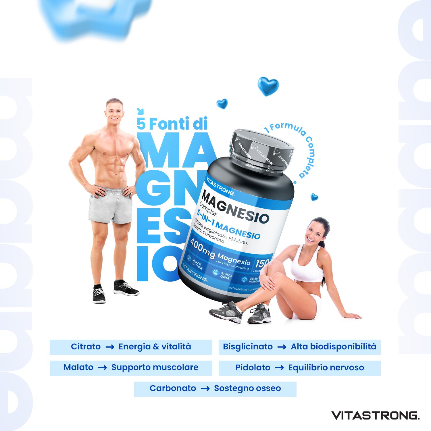 Vitastrong Magnesium-Complex 5-in-1. Fles met tabletten. Twee personen. Tekst: 5 bronnen, magnesium.