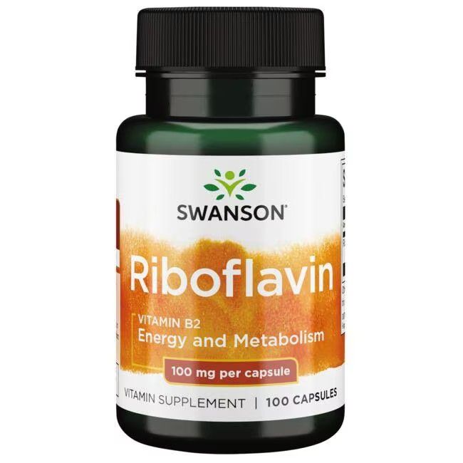 Groene fles met zwarte dop. Opschrift: SWANSON Riboflavine Vitamine B2, 100 mg per capsule, 100 capsules.