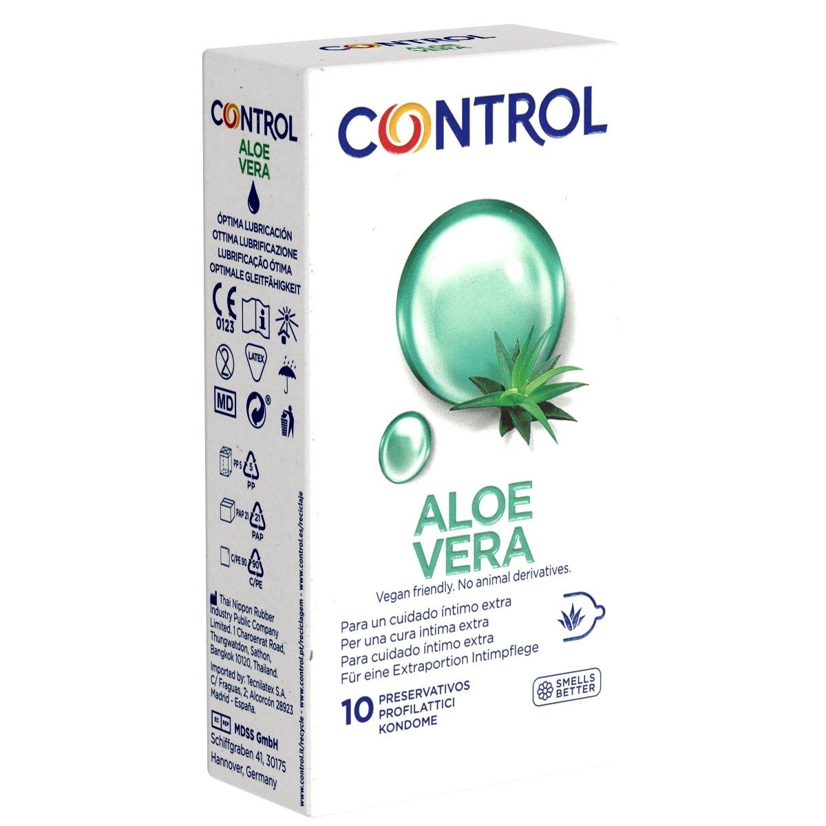 Verpakking condooms CONTROL Aloe Vera. 10 condooms. Opschrift "Vegan". Aloë vera-motief en kwaliteitsmerk.