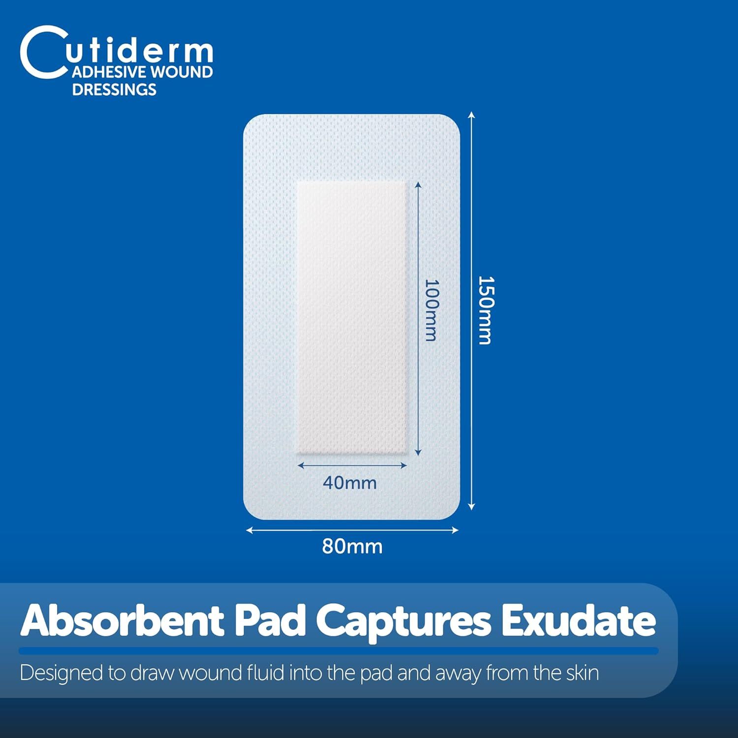 Pansement Cutiderm, 80mm x 150mm, avec indications de taille.