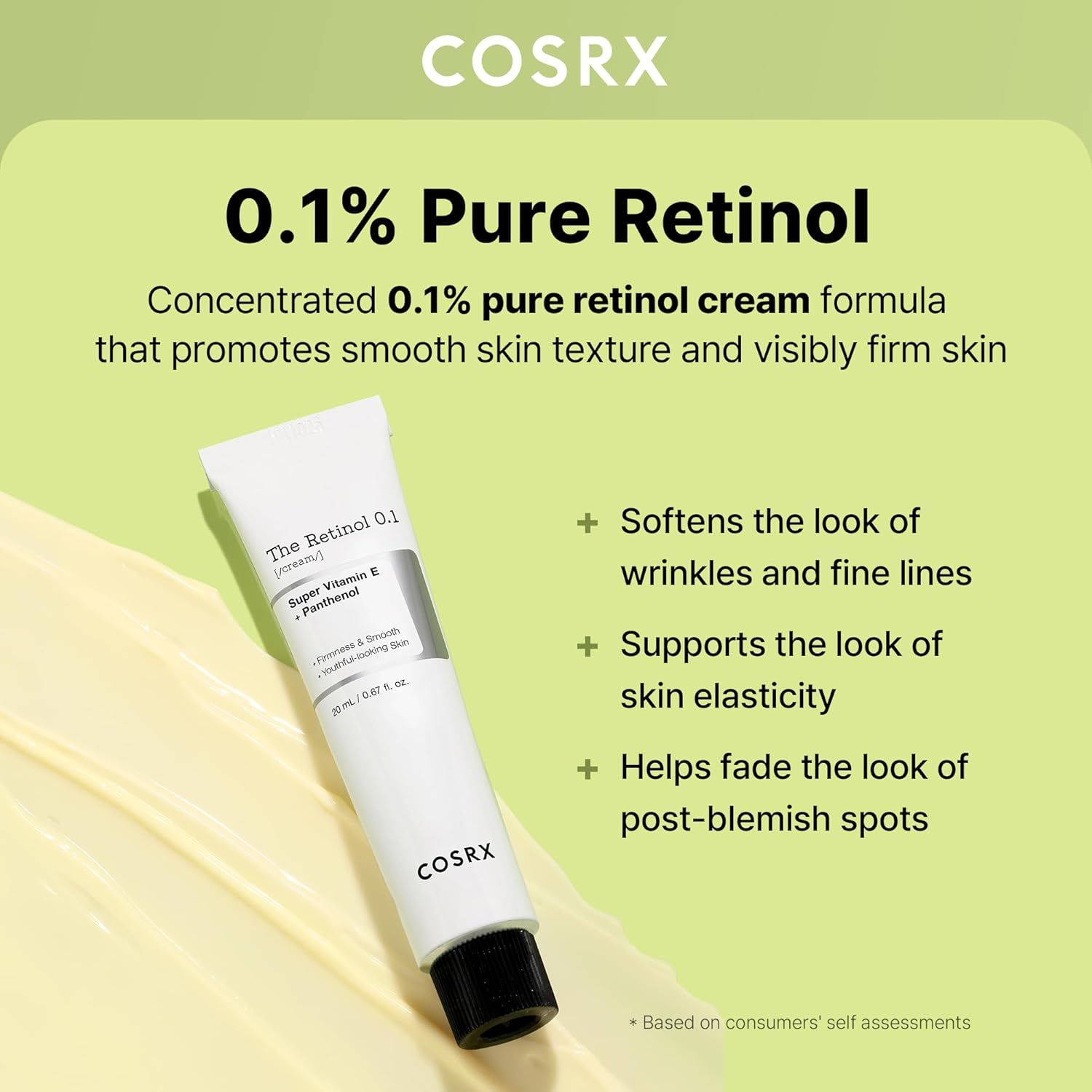 Tube 'The Retinol 0.1 Cream' de COSRX, entouré de texte sur les avantages tels que la réduction des rides.